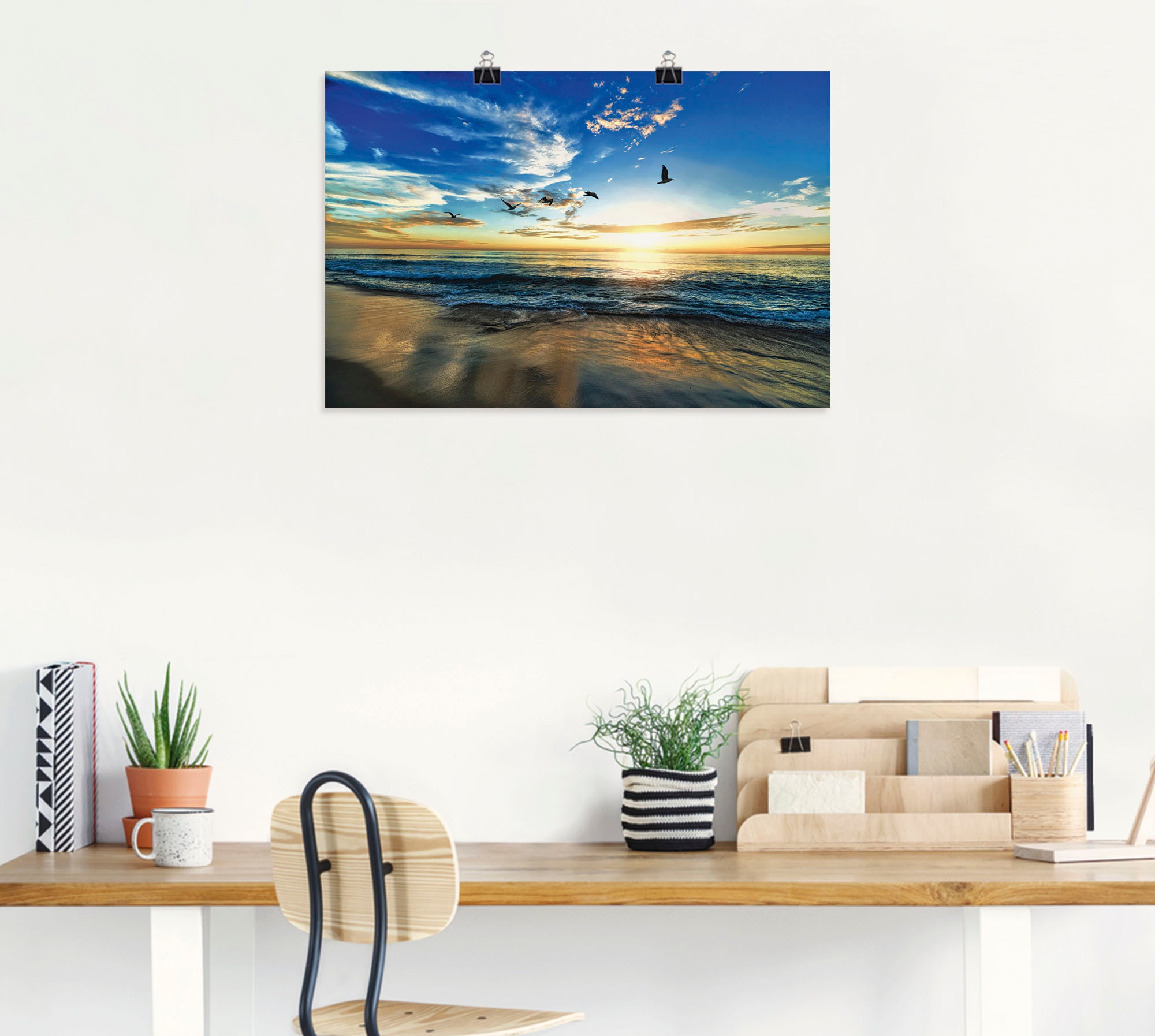 Artland Wandbild »Strand Möwen Meer Sonnenuntergang«, Sonnenaufgang & -untergang, (1 St.), als Alubild, Outdoorbild, Leinwandbild, Poster, Wandaufkleber