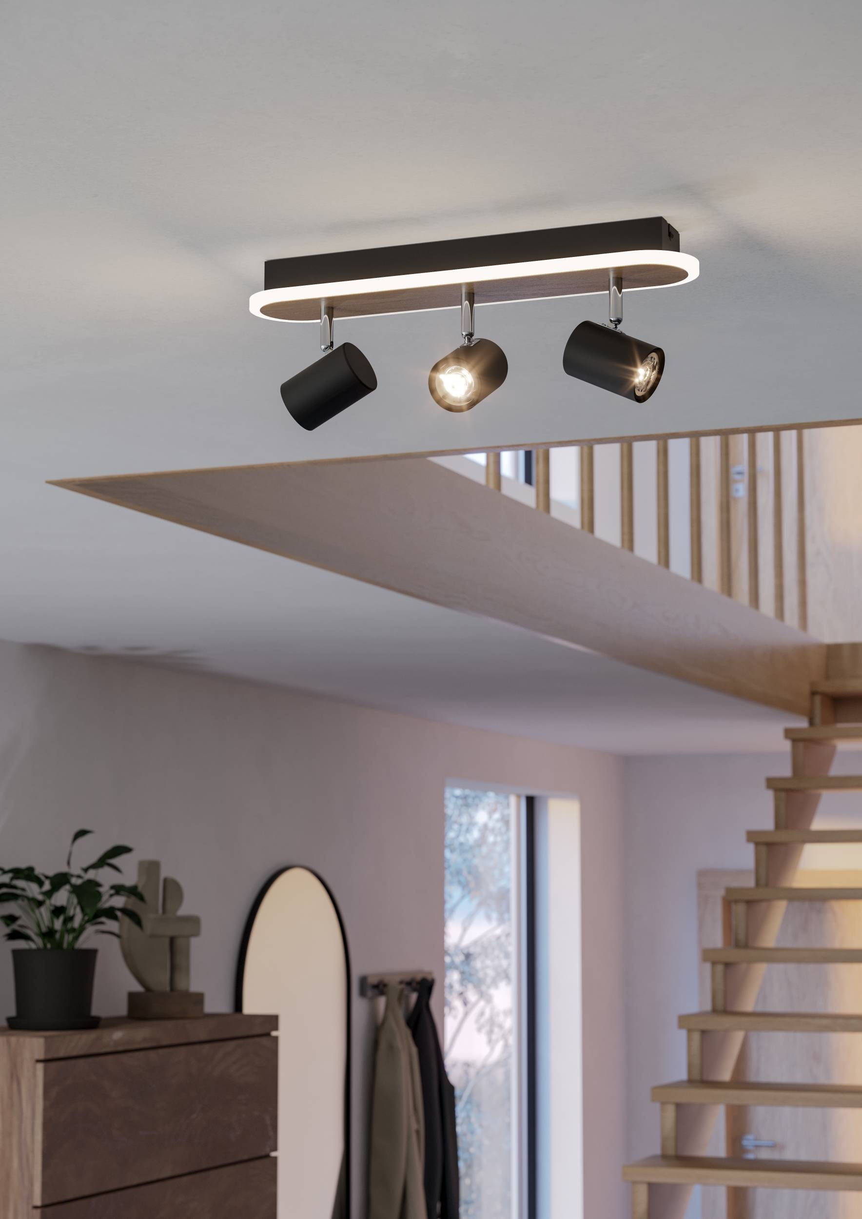 EGLO Deckenleuchte »Rimbocchi Deckenlampe, Metall und Holz-Optik, Spotbalken schwenkbar« LED-Modul 1 Stk. Warmweiß Spot - L46 x B10 x H15 cm - schwarz, braun - 20W inkl.