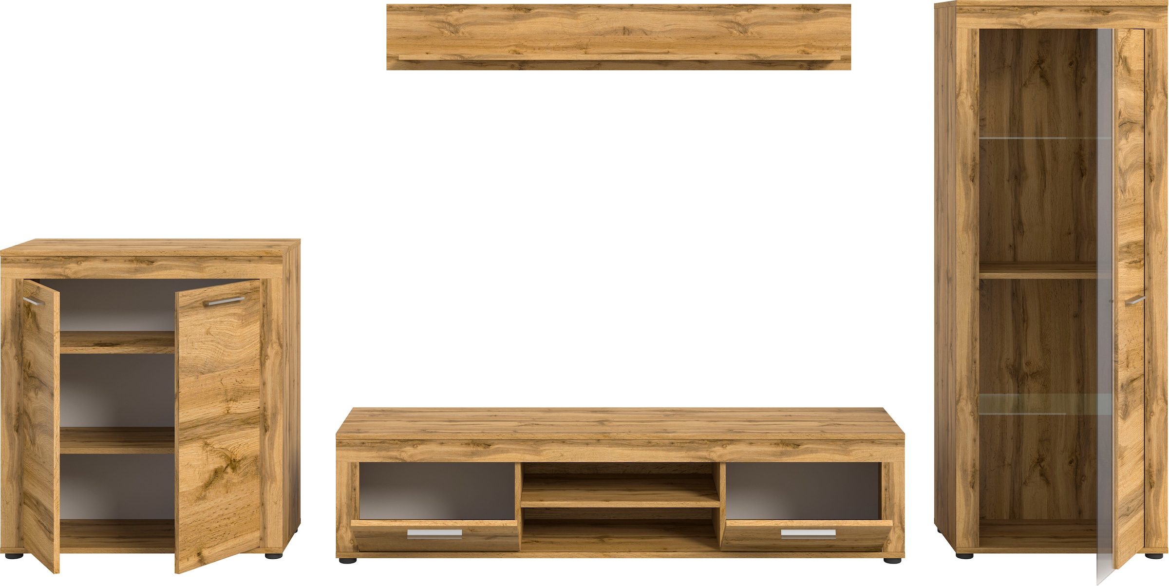 INOSIGN Wohnwand »Aosta, Breite 330cm, best. aus Highboard, Lowboard, Wandboard, Vitrine«, (4 St.), Wohnwand, Kombination, Anbauwand, Möbel Set, Schrankwand, Möbel Kombi