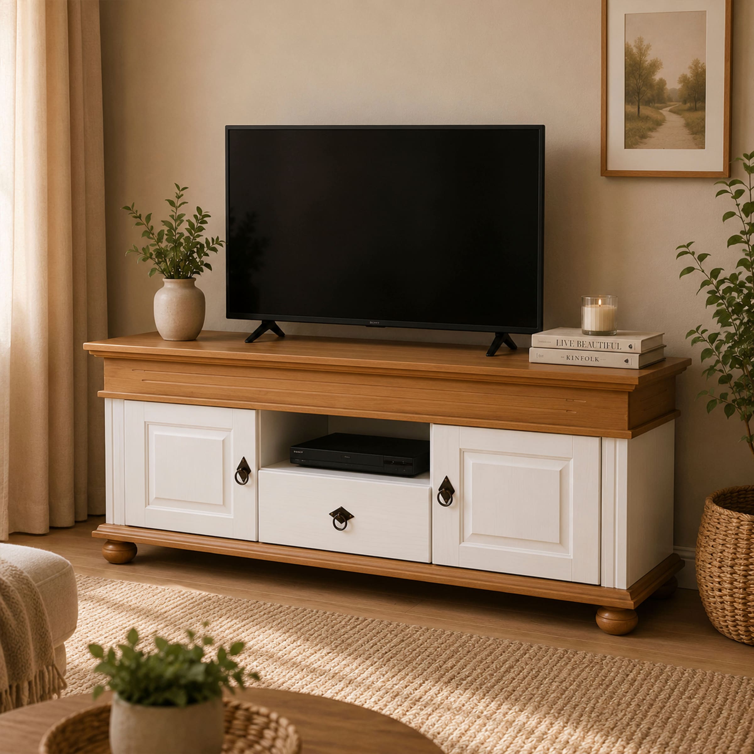 Inter Link TV-Board »Halmaro, Kiefer Massivholz, Soft-close, 159 x 46 x 65 cm, Stauraum« 1 Stk. tlg. TV Lowboard in Weiss, Braun/Oak, Landhausstil, 2 Türen, 1 Schublade