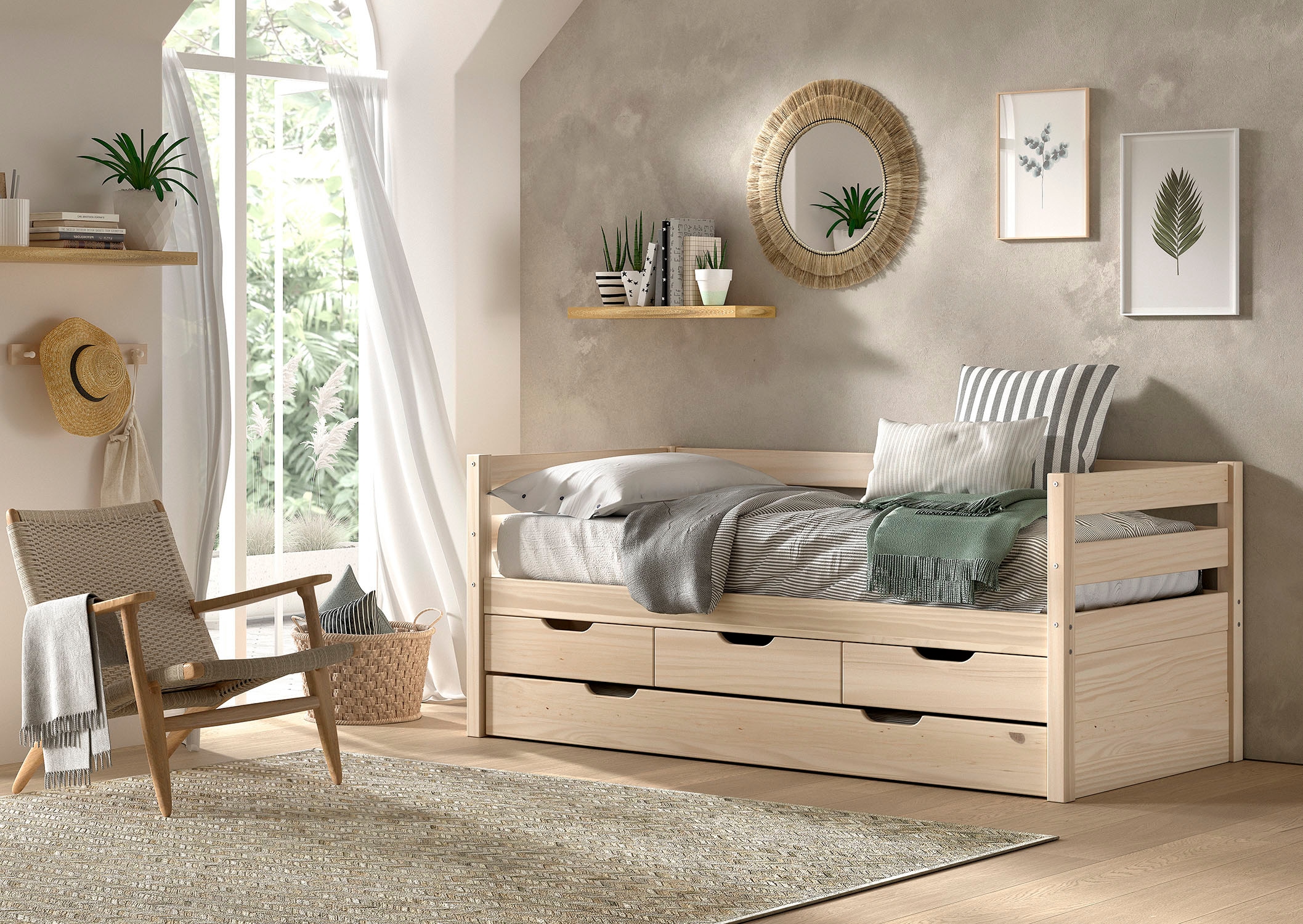 Vipack Funktionsbett »Margrit mit Bettschublade, in zeitlosem Design, universell einsetzbar« Liegefläche 90 x 200 cm, inkl. Rolllattenrost und seitlichem Umbau,  Massivholzbett mit 3 Schubladen, wahlweise in 2 Farben erhältlich