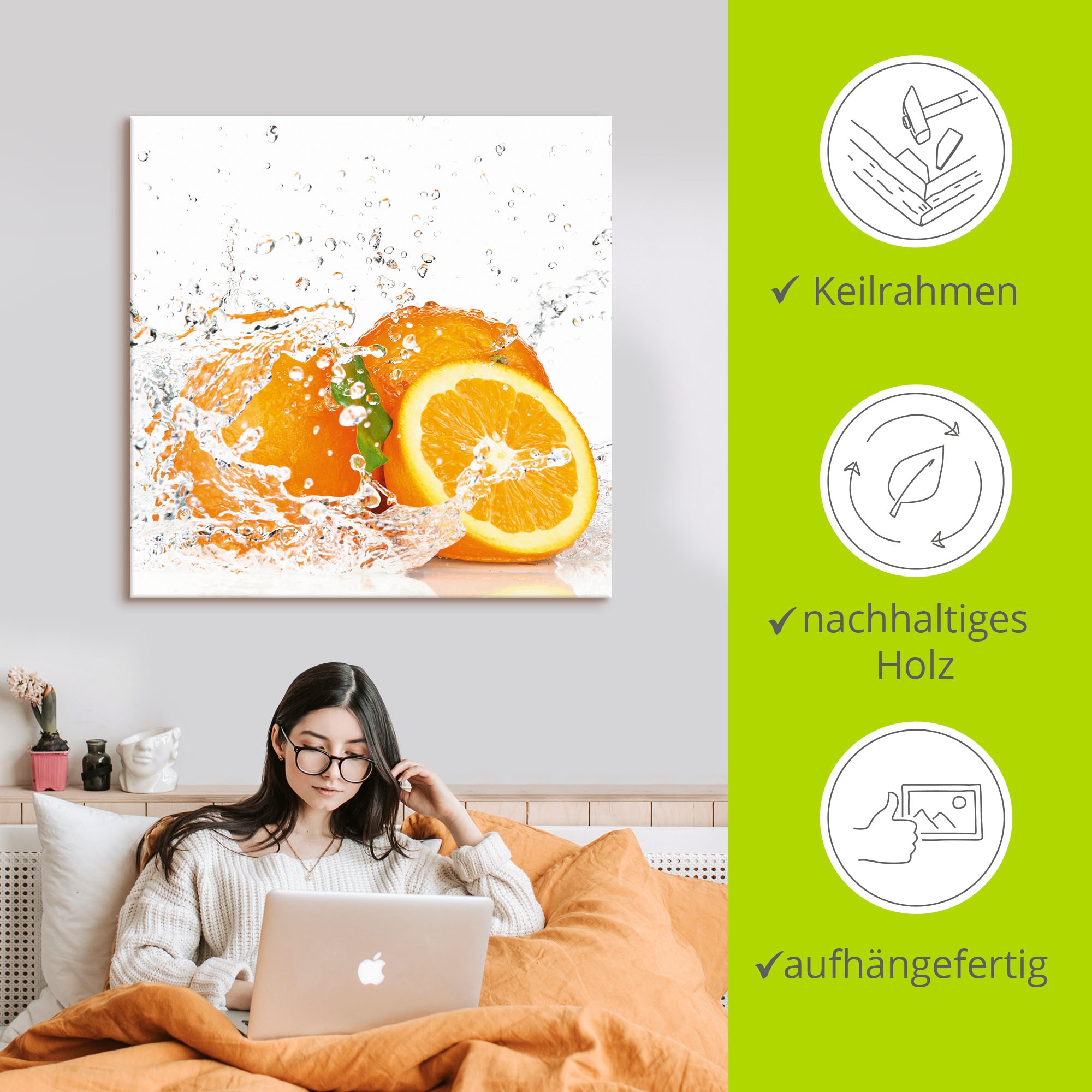 Artland Leinwandbild »Orange mit Spritzwasser« Süßspeisen 1 Stk. tlg. auf Holzrahmen gespannt