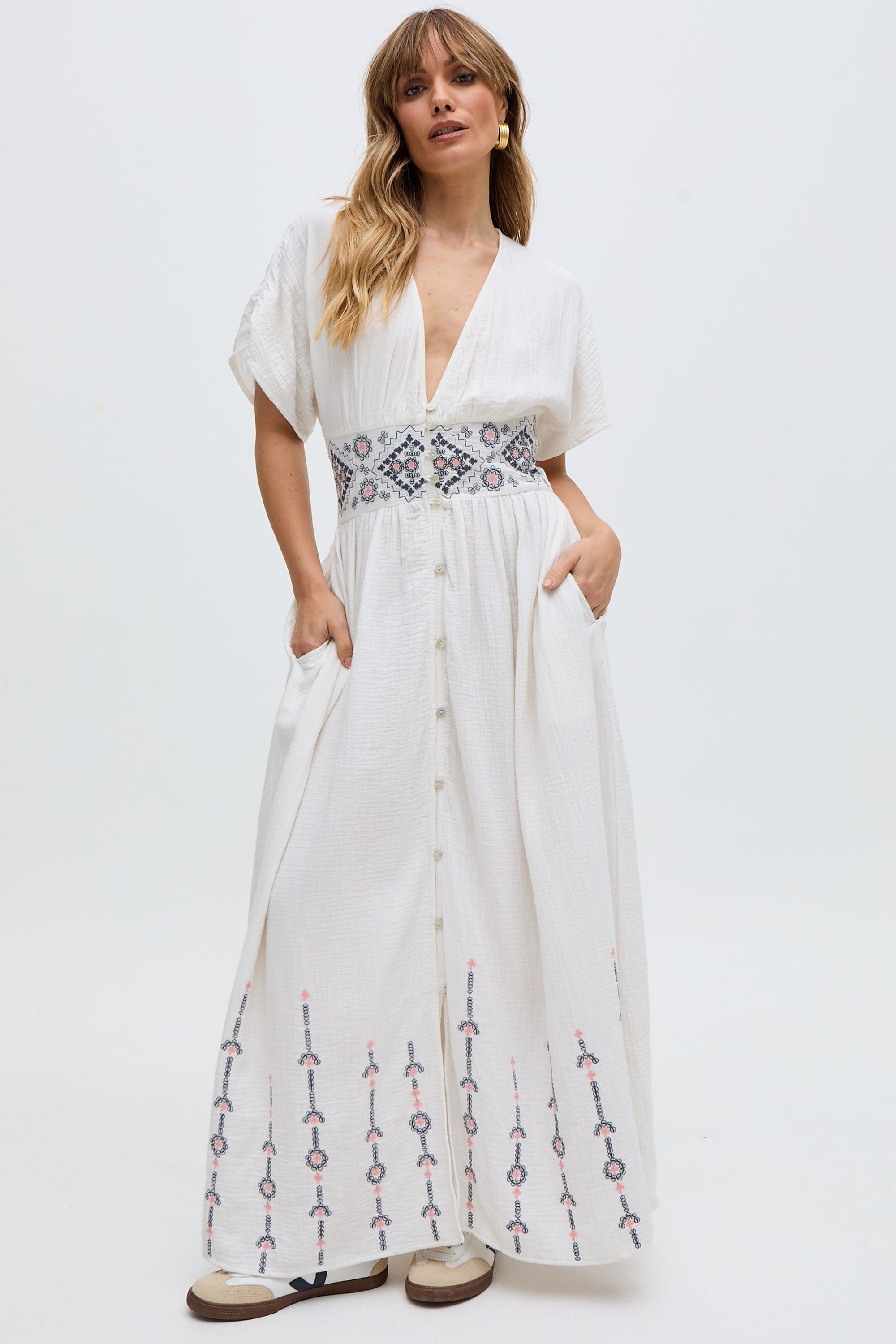 RAFFYA Midikleid »Sally Ann Button Down Embroidery Maxi Dress Damen«