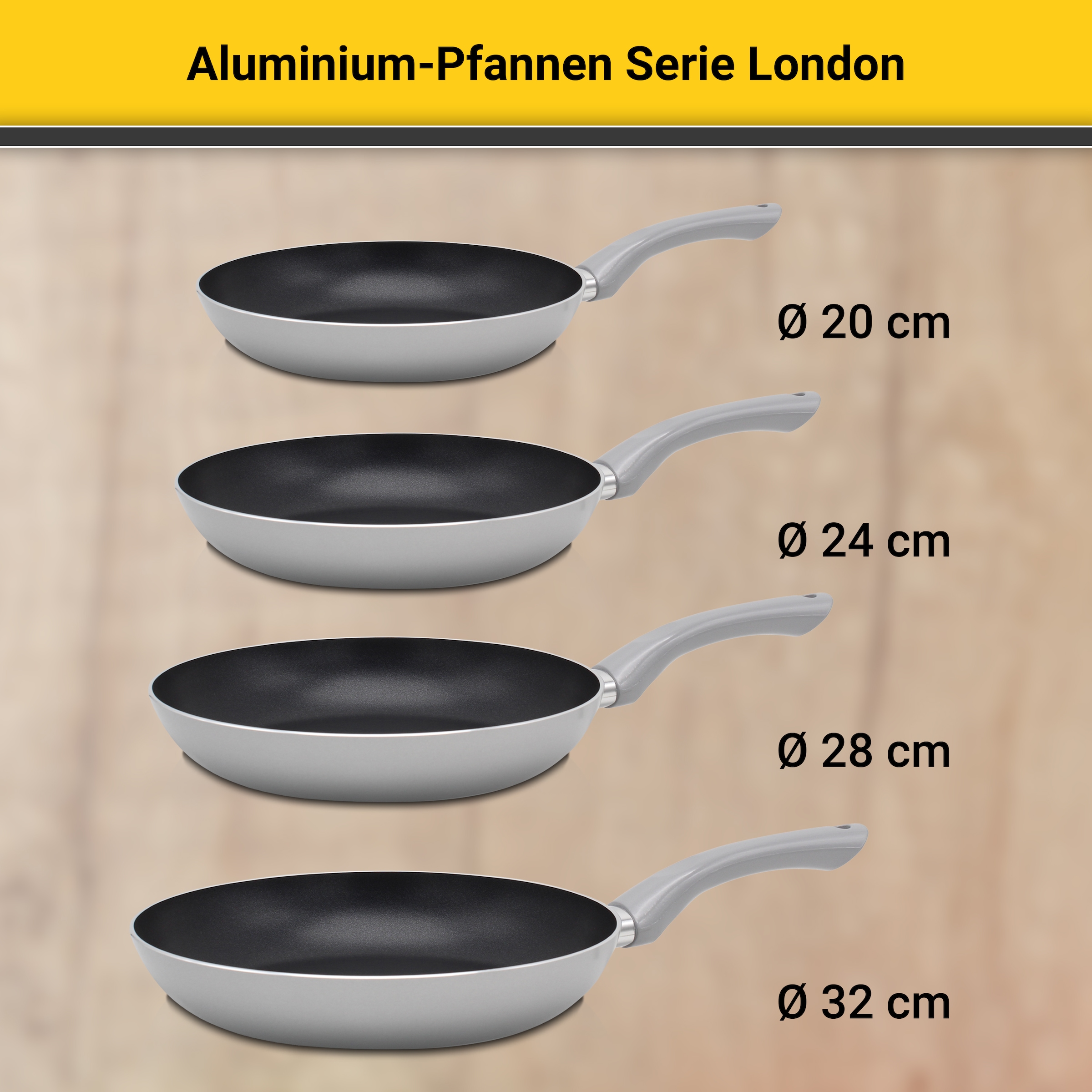 Krüger Pfannen-Set »Aluminium Pfannenset London, 4 tlg.«, Aluminium, (Set, 4 tlg., je 1 Bratpfanne Ø 20 /24 / 28 cm, 1 Pfannenwender), für Induktions-Kochfelder geeignet
