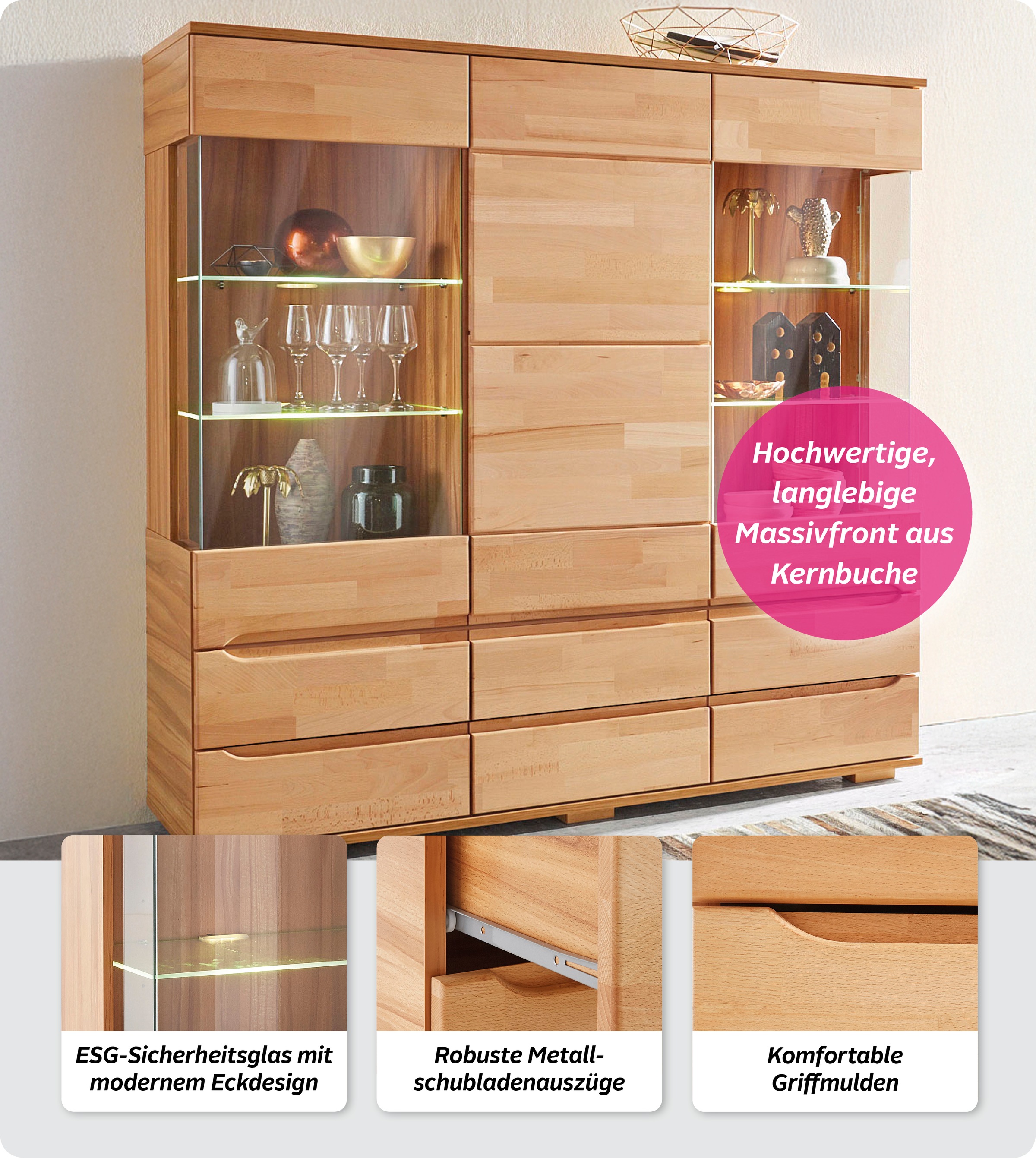Thumbnail - Home affaire Highboard "Vetro,150cm breit,40 cm tief,Fronten Massivholz,9 Fächer" Kernbuche massiv, Holzwerkstoff, 3Türe...