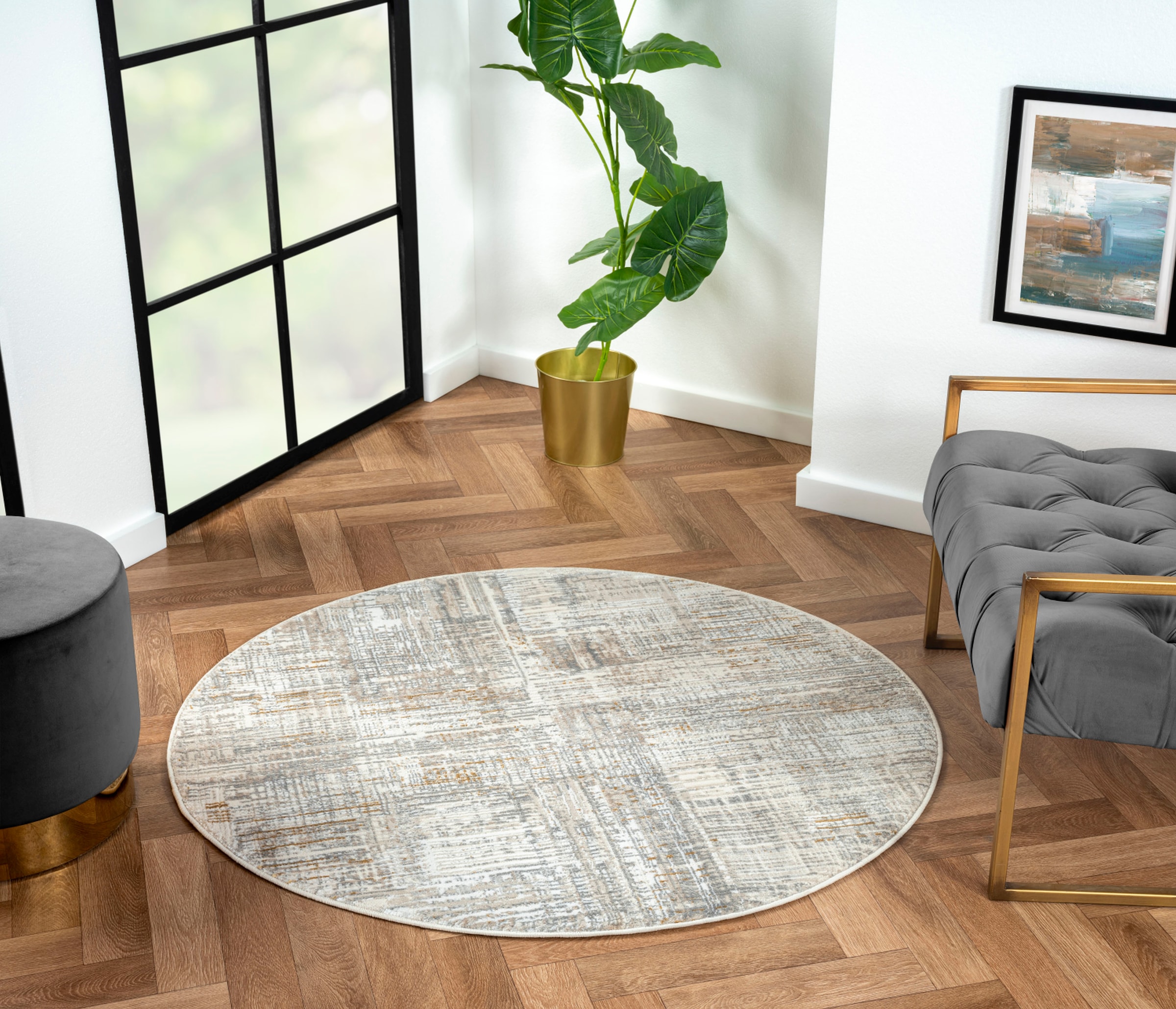 Teppich "My Taste", beige (creme, hellgrau, altgoldfarben), B:120cm H:10mm L:120cm Ø:120cm, Polyester, MYFLAIR MÖBEL & ACCESSOIRES, Teppiche, Teppich, Kurzflor, Retro-Design, besonders weich durch Microfaser