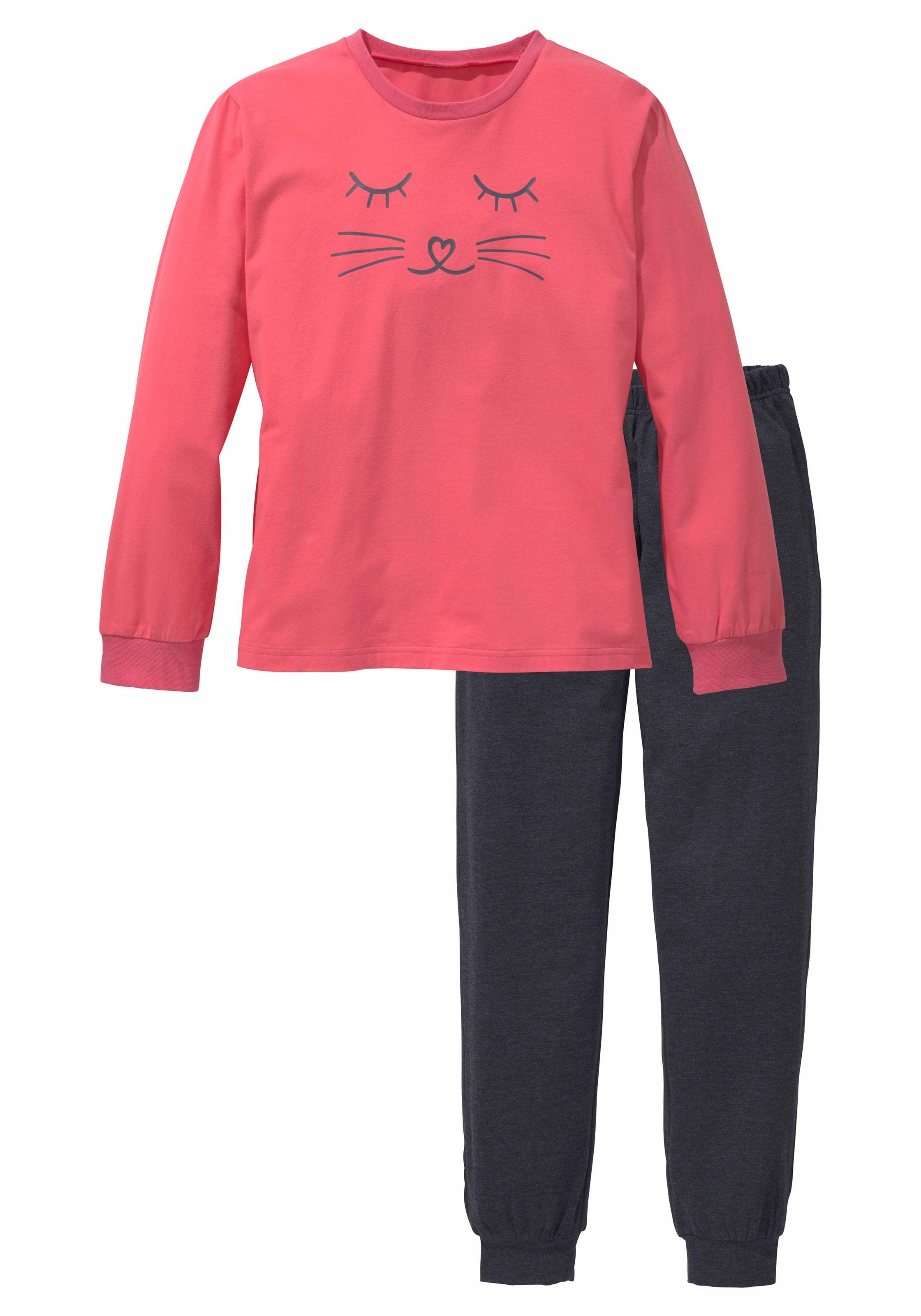 Vivance Pyjama 2 tlg. langer Schlafanzug, mit Katzendruck, aus Baumwolle