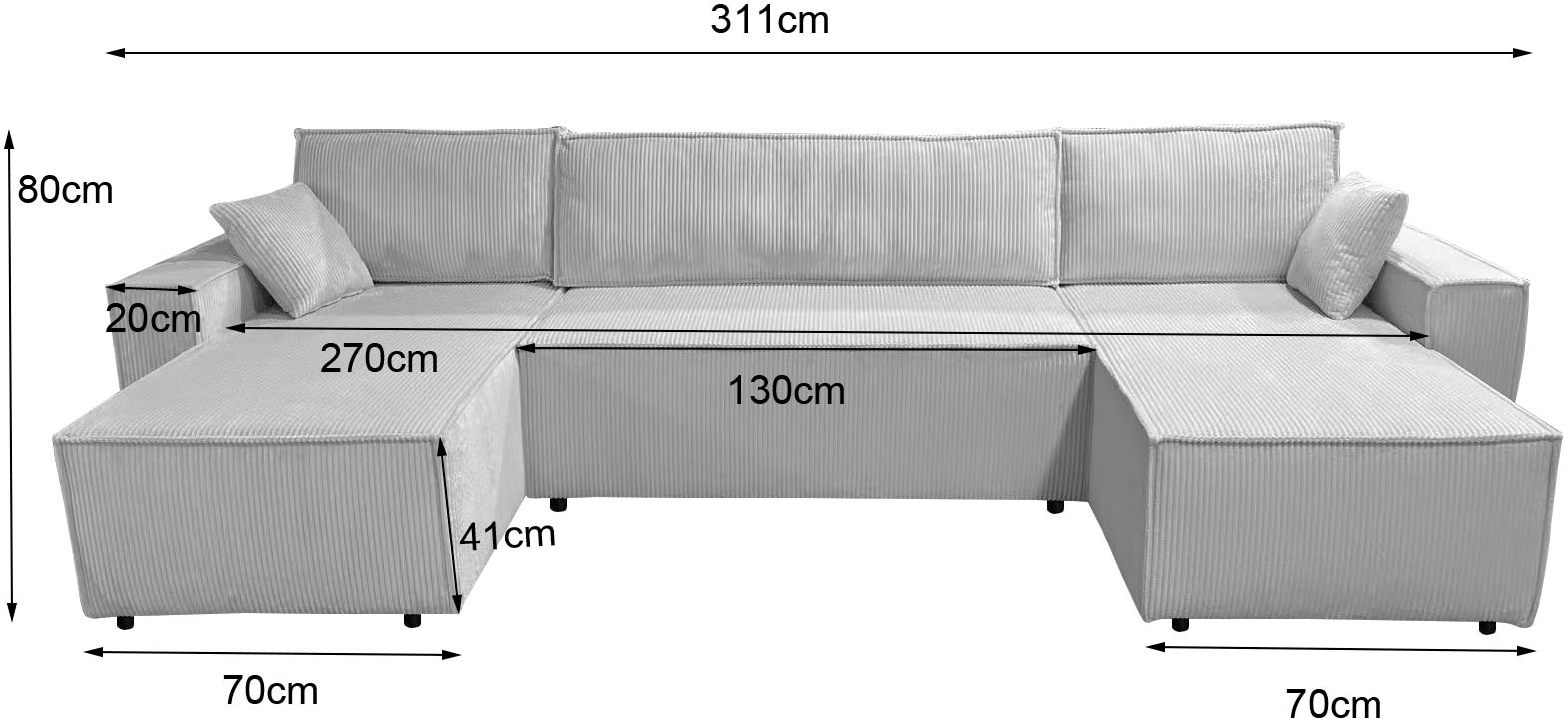 OTTO home Wohnlandschaft »CASSI, 311 cm, U-Form, Schlafsofa, Dauerschläfer, Boxspringfederung«, Schlaffunktion (133/270cm), Bettkasten, Seitentaschen, Cord-Bezug