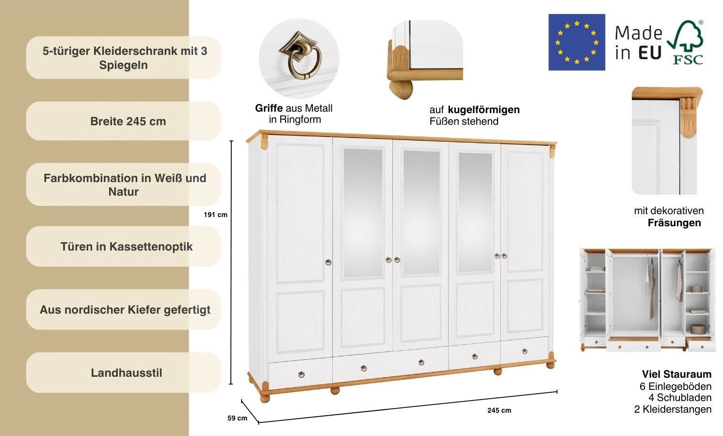 Home affaire Kleiderschrank »Tessin«, (B/H/T ca. 245/191/59 cm), Breite 245 cm, Kiefer massiv, mit Spiegel