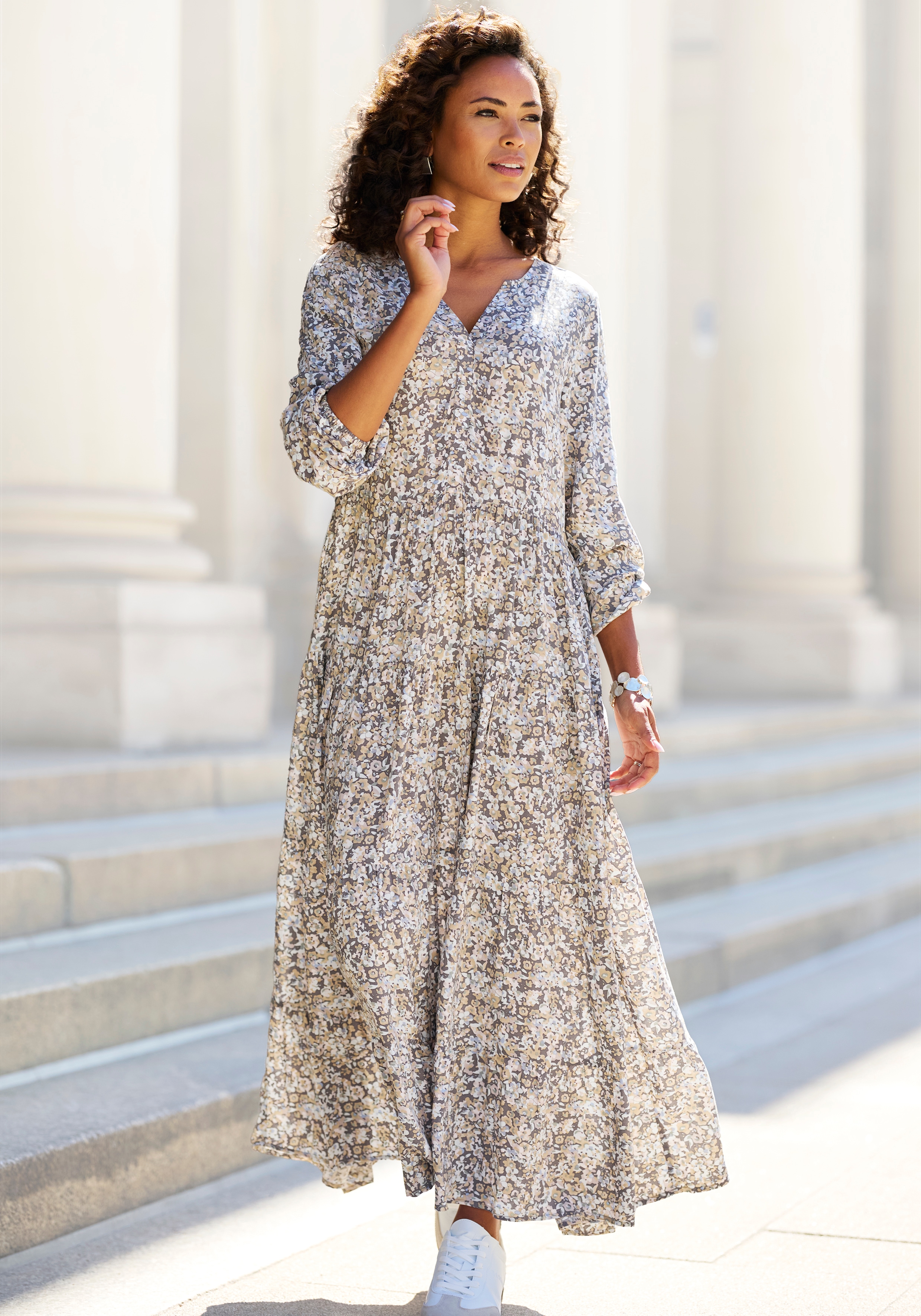 Vivance Maxikleid "mit Alloverprint, V-Ausschnitt, Webkleid, locker bequemer Look" Ohne Taschen Langärmliges Druckkleid aus Webware, Sommerkleid, lockeres Kaftankleid
