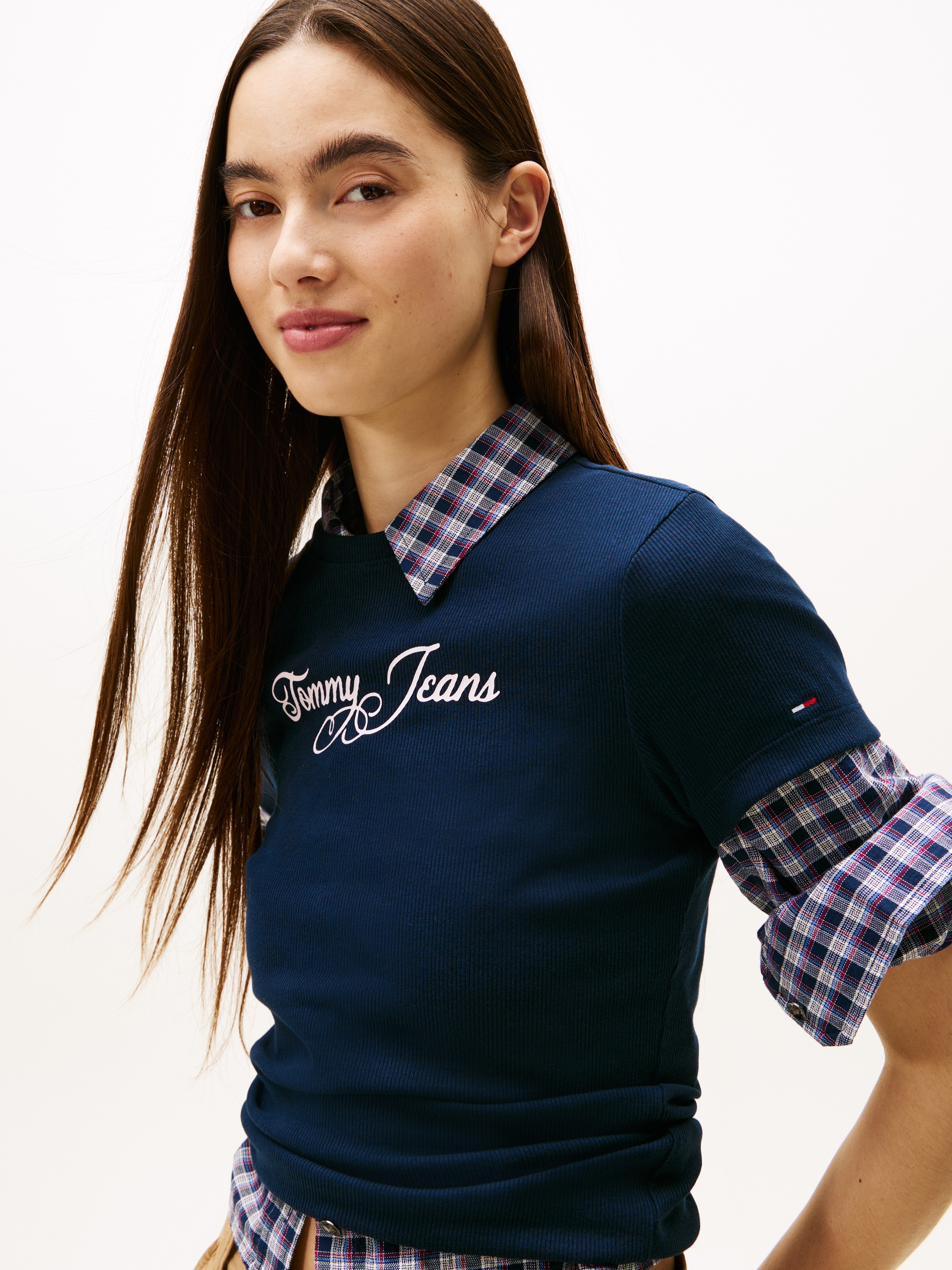 Tommy Jeans Kurzarmshirt "TJW SLIM ESS LOGO 1 RIB TEE EXT" in gerippter Str günstig online kaufen
