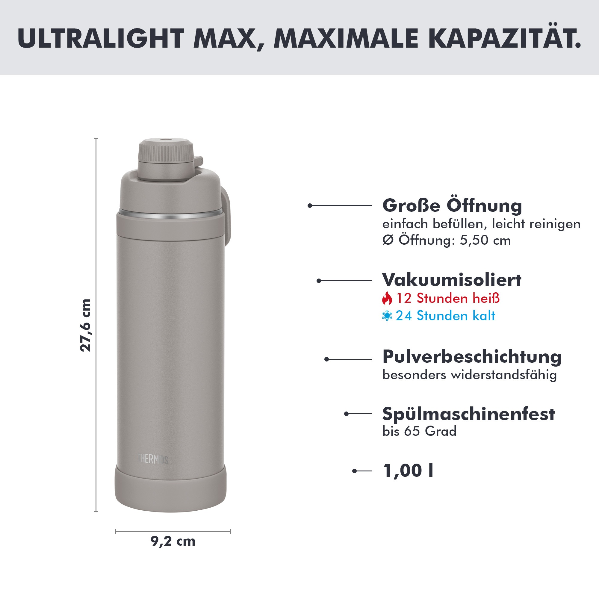 THERMOS Isolierflasche »ULTRALIGHT MAX BOTTLE, doppelwandiger Edelstahl, spülmaschinenfest« 1,00 l, 24h kalt & 12h heiß, mit Tragegriff und Trinköffnung