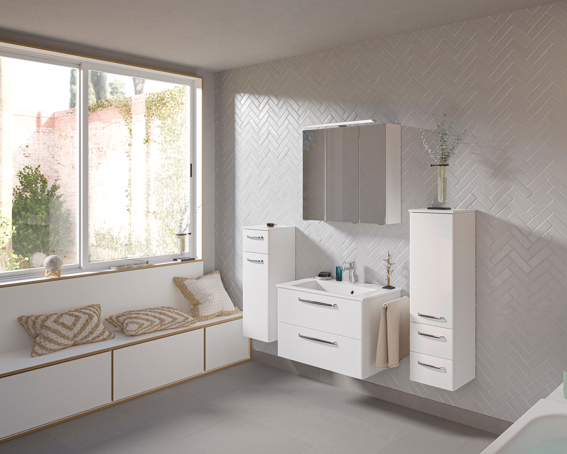 Saphir Badmöbel-Set »Badmöbel-Set Trentino 4-tlg Mineralmarmorwaschtisch,LED-Spiegelschrank«, (5 St.), Badezimmer-Set mit Midischrank und Unterschrank inkl. Türdämpfer