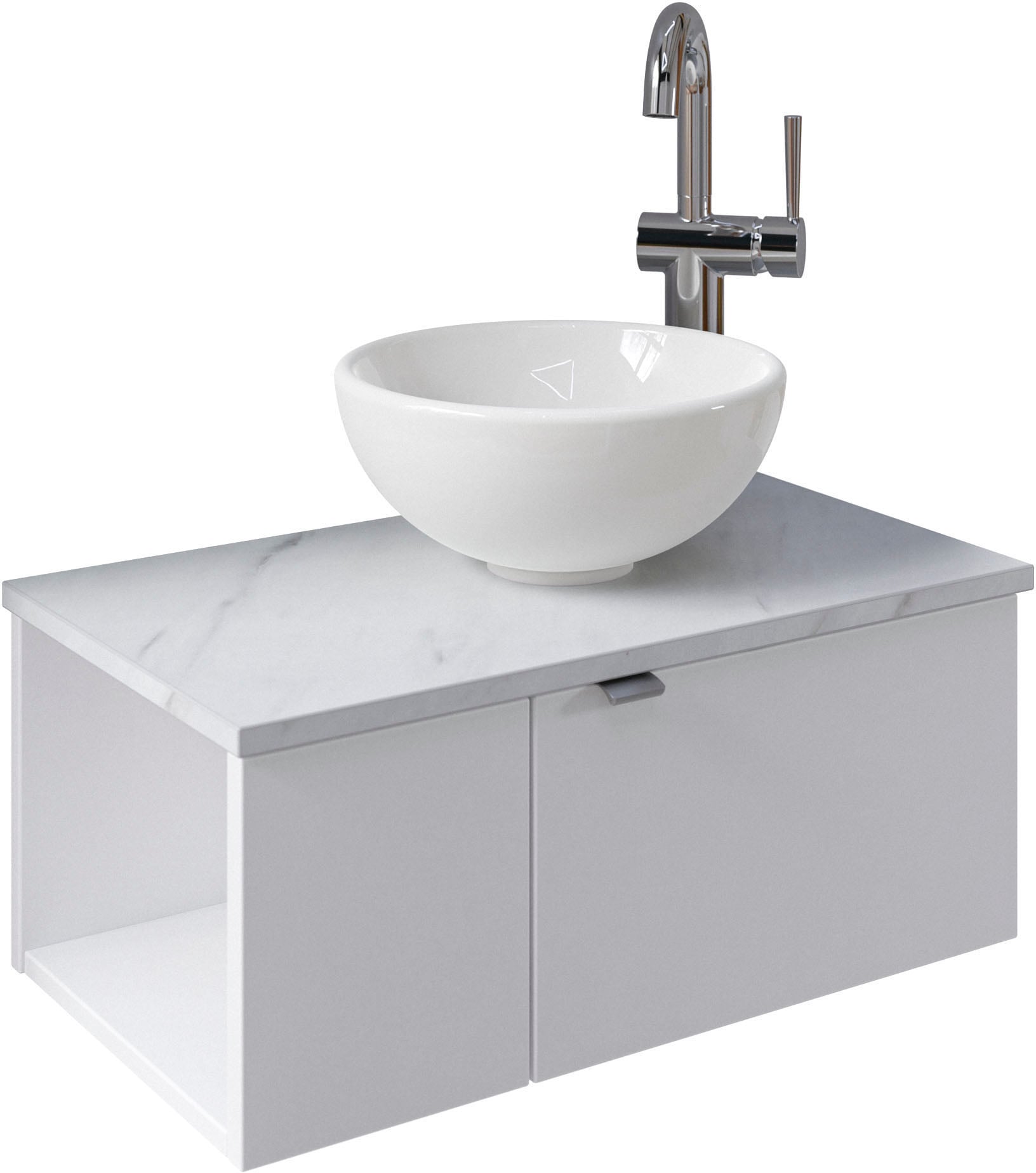 Saphir Waschtisch "Serie 6915 Waschschale mit Unterschrank für Gästebad, Gäste WC" Keramik-Aufsatzbecken, Waschtischplatte, Waschtischunterschrank, 3 Stk. tlg. 61 cm breit, 2 Türen, offenes Fach, kleine Bäder, ohne Armatur