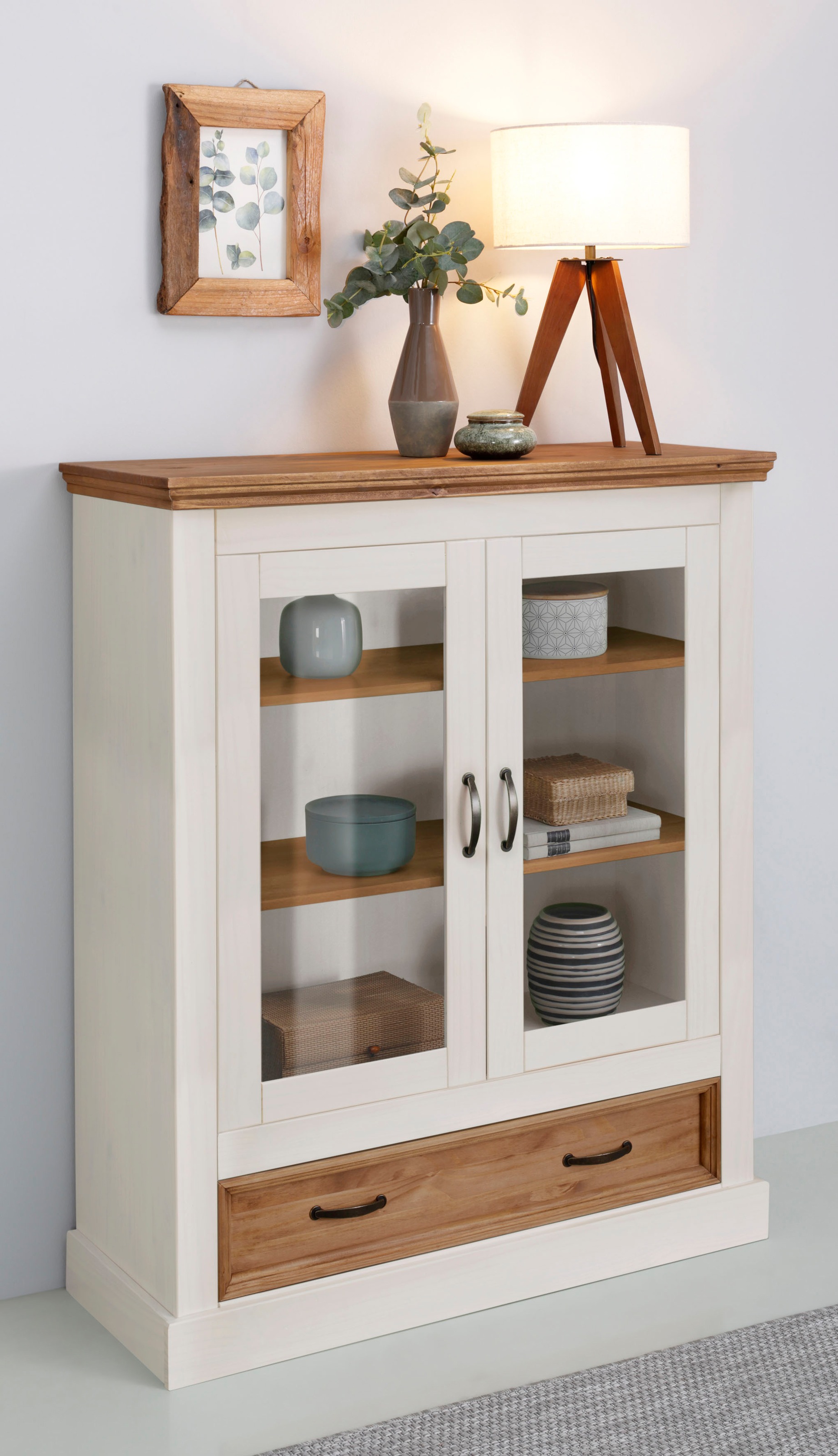 Vitrine OTTO HOME, B:100cm H:120cm T:38cm, weiß, Glas, MDF, Massivholz, Wohnzimmer, Schränke, "Selma Highboard", aus massivem Kiefernholz, mit