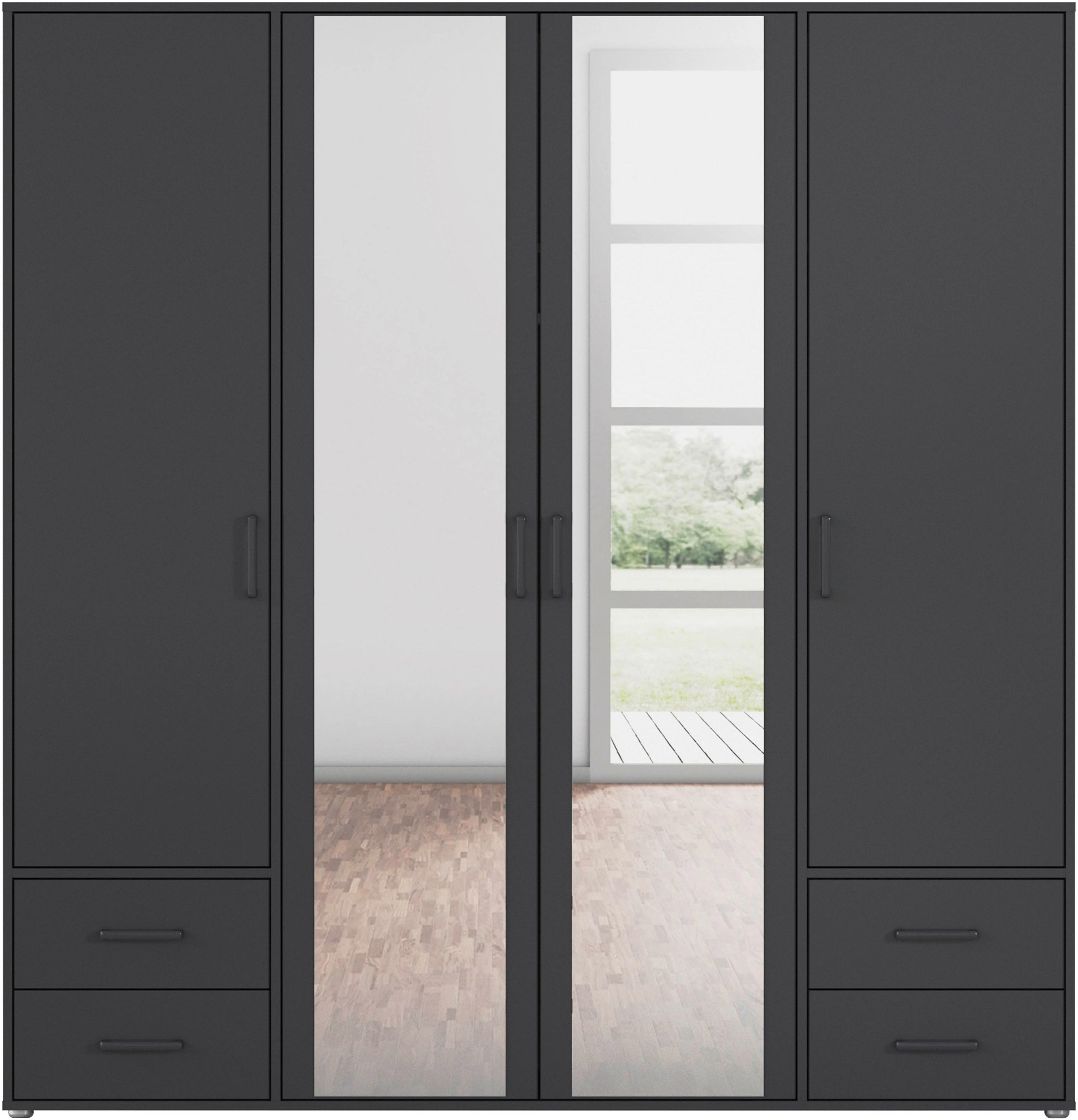 rauch Drehtürenschrank »Kleiderschrank Schrank Garderobe Wäscheschrank VOYAGER«, (in 3 verschiedenen Ausstattungen BASIC/CLASSIC/PREMIUM), mit modernen Griffen in Graumetallic, inkl. Schubkästen und Spiegel