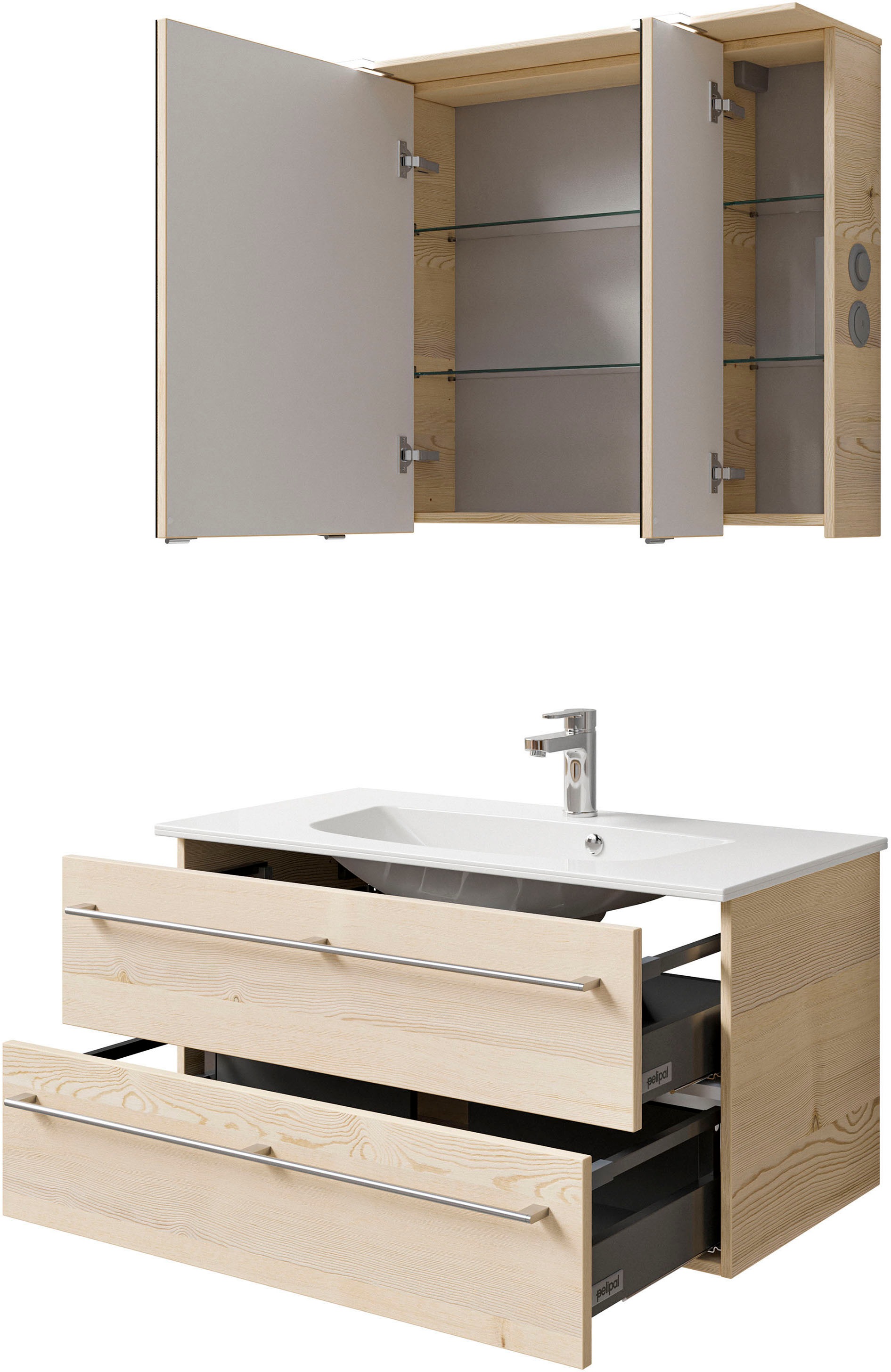 Saphir Badmöbel-Set »Serie 6025 2-teilig Mineralmarmor-Waschtisch mit LED-Spiegelschrank«, (2 St.), Waschplatz 97 cm breit, 2 Schubladen, 3 Spiegel-Türen, inkl Türdämpfer