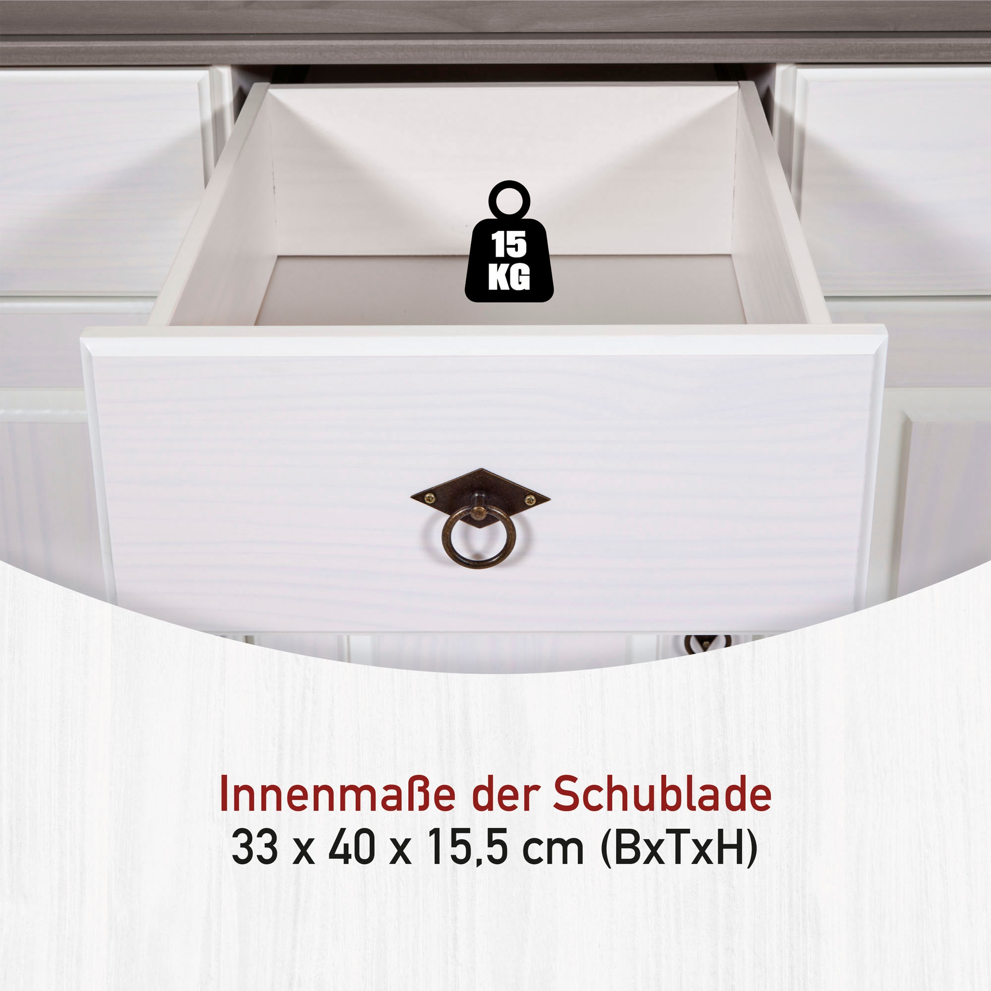 Inter Link Anrichte »Halmaro, Kiefer Massivholz, Soft-close, 141 x 46 x 100 cm, Stauraum« 1 Stk. tlg. Sideboard in Weiss, Grau/Lava, Landhausstil, 3 Türen, 3 Schubladen