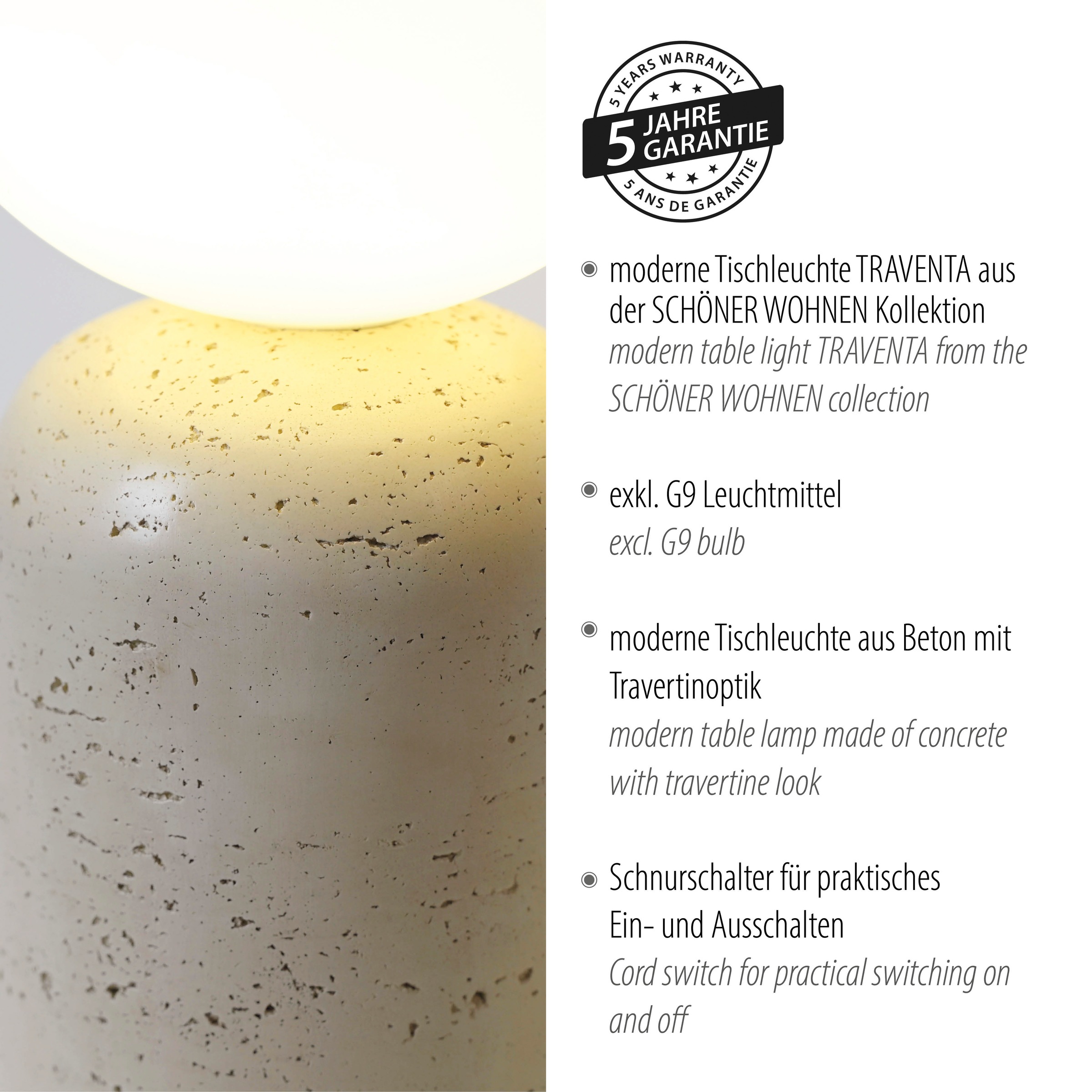 SCHÖNER WOHNEN-Kollektion LED Tischleuchte »TRAVENTA« G9 1 Stk. SCHÖNER WOHNEN Kollektion, Travertinoptik, Downlight