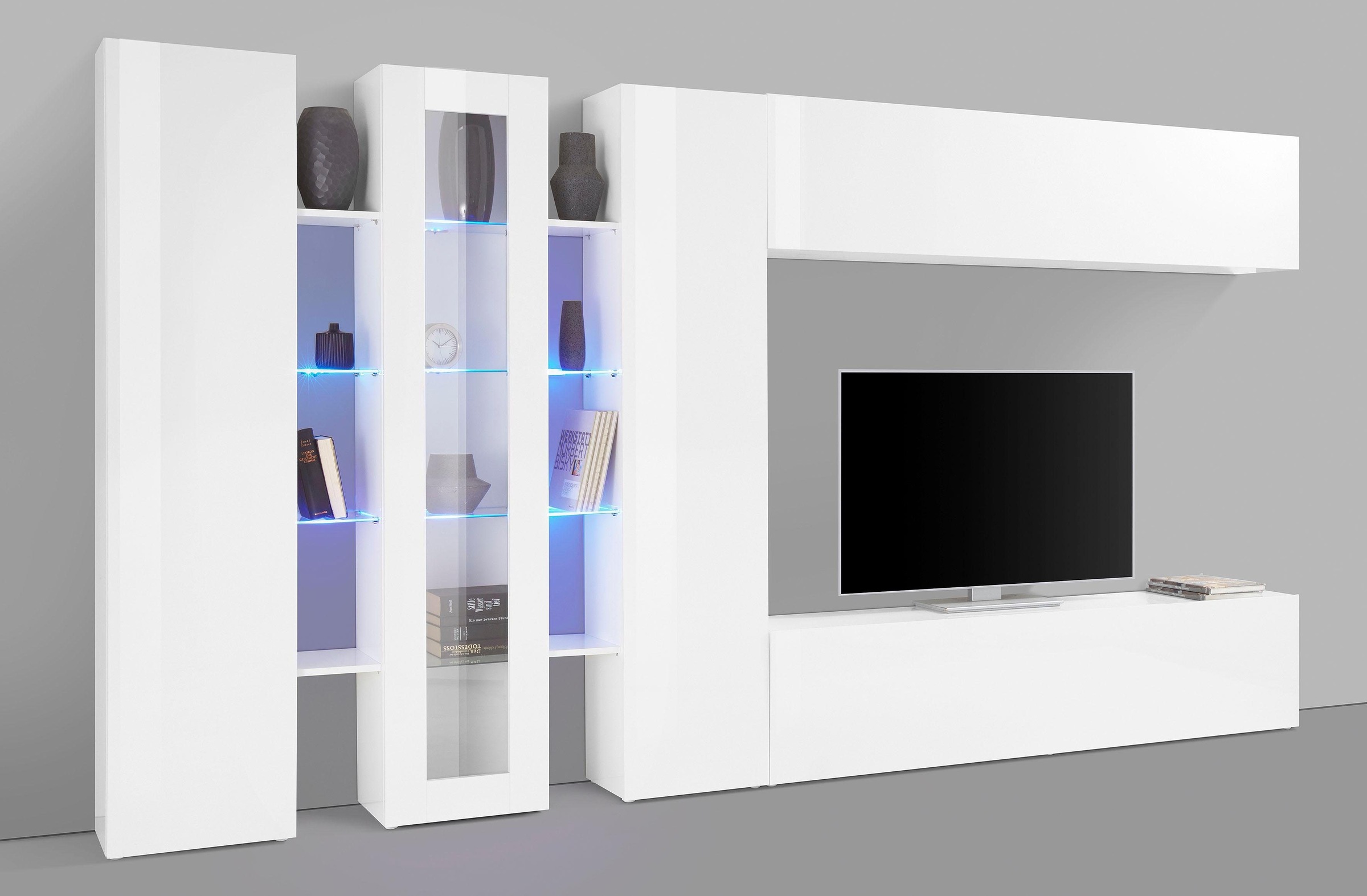 Wohnwand HOME AFFAIRE, B:340cm H:180cm T:30cm, weiß, Holzwerkstoff, Wohnzimmer, Kastenmöbel-Sets, "Maruska", Front/ Korpus weiß Hochglanz