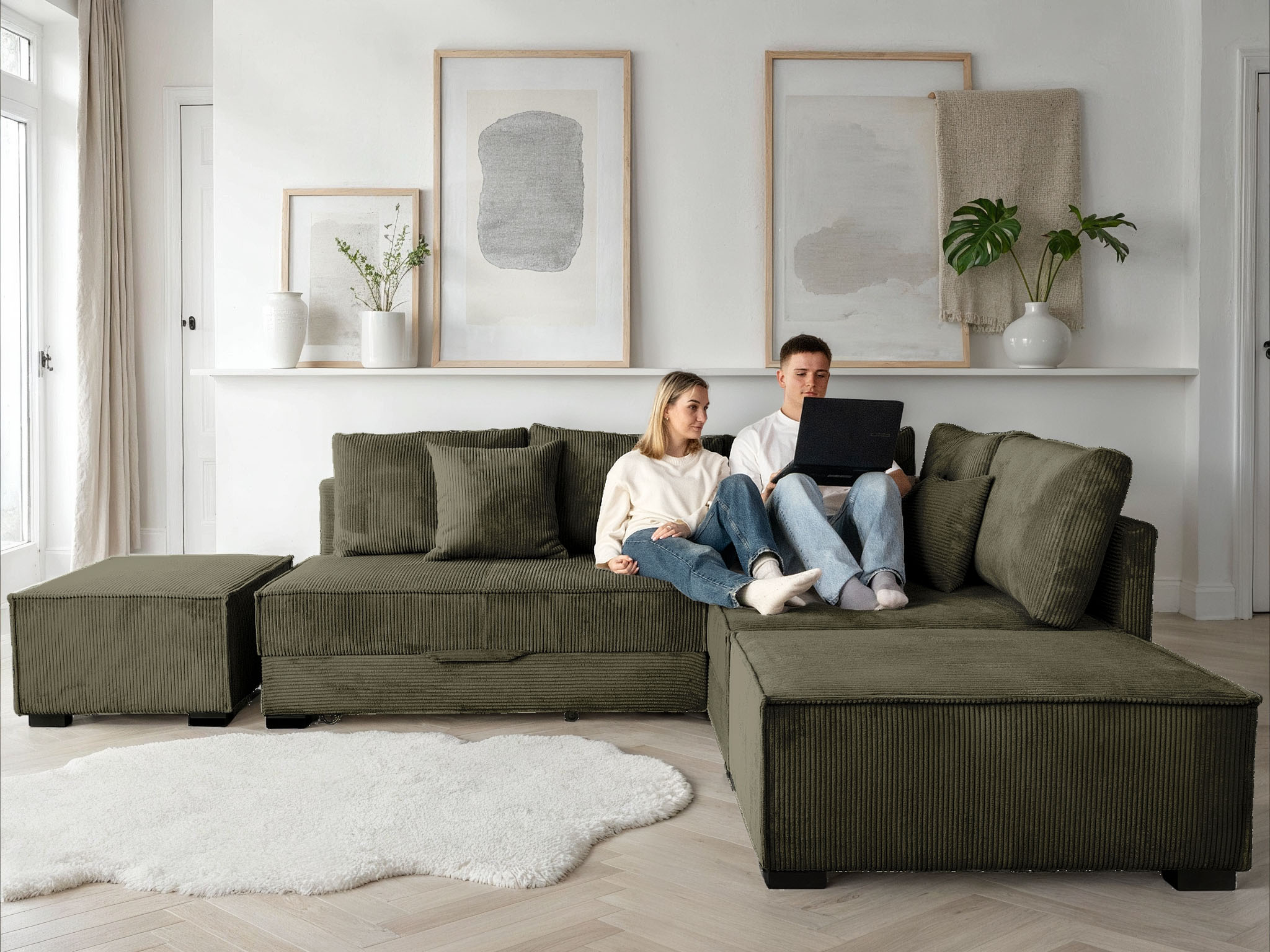 Home affaire "Night & Day L-Form, B: 316 cm mit Dauer-Schlaffunktion 180x200 cm" Set: Sofa & Hocker, Schlaffunktion, Bettkasten & Kissen, Boxspringbett