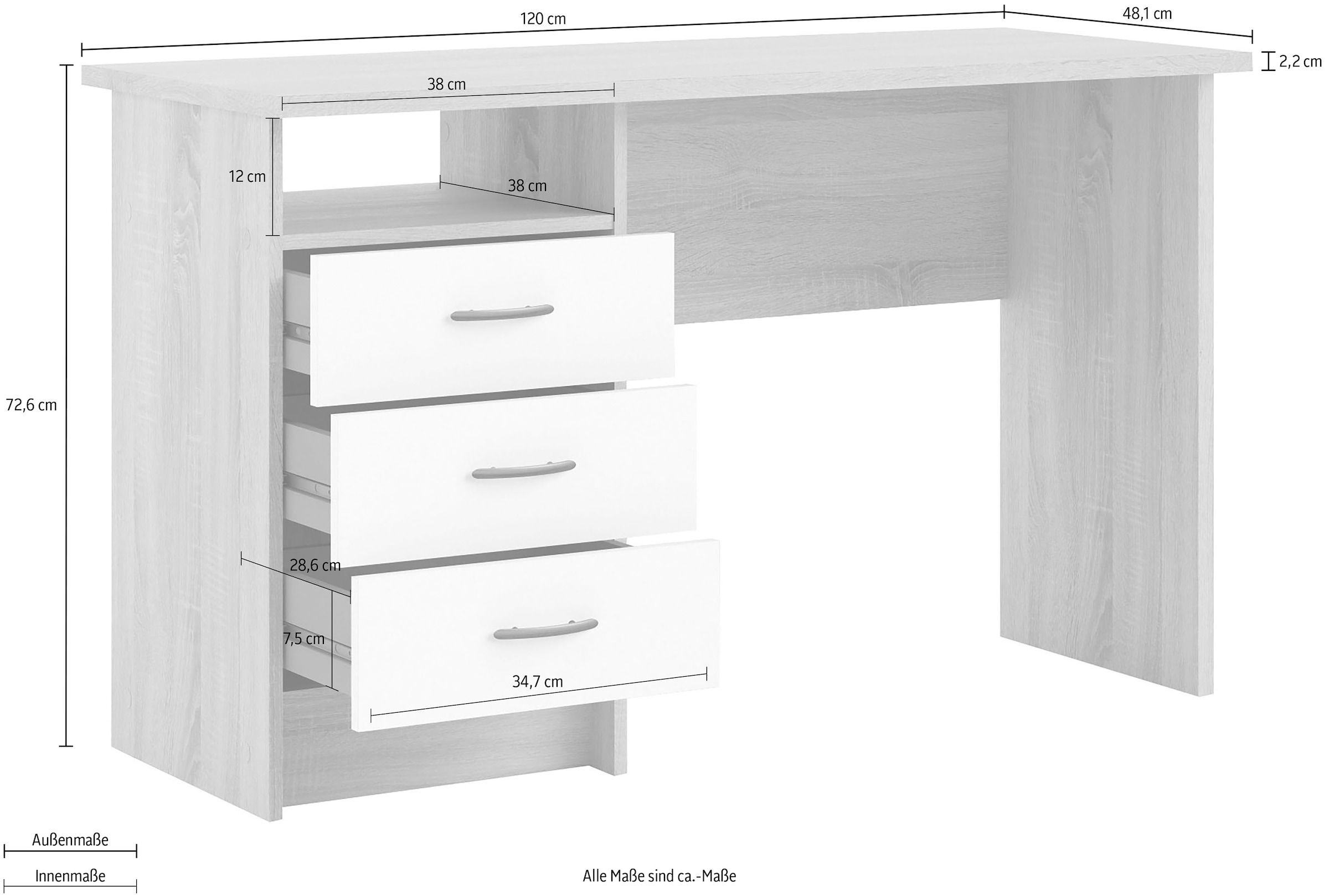 INOSIGN Schreibtisch »Function Plus, Arbeitstisch, Bürotisch«, Computertisch mit 3 Schubladen, Breite 120 cm, Tiefe 48 cm