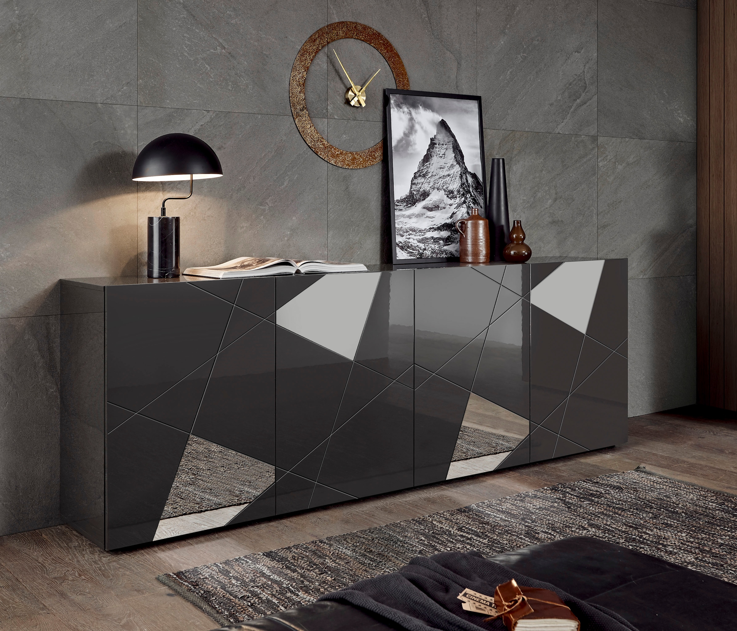 Home affaire Sideboard "Vittoria, Breite 241 cm, 4 Türen" Fronten mit Siebdruck und Spiegelfront