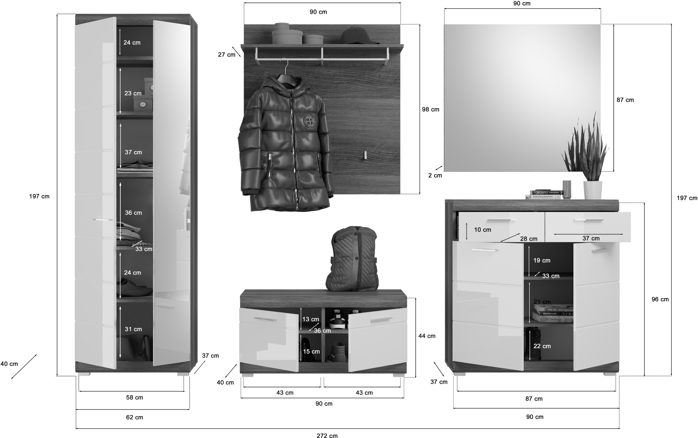 INOSIGN Garderoben-Set »Siena, Fronten mit hochwertiger Rillenfräsung, 5-teilig,bestehend aus:«, (Komplett-Set, 5 St.), Scout Garderobenkombinatio 5-tlg., Breite 272 cm, Flur, Diele