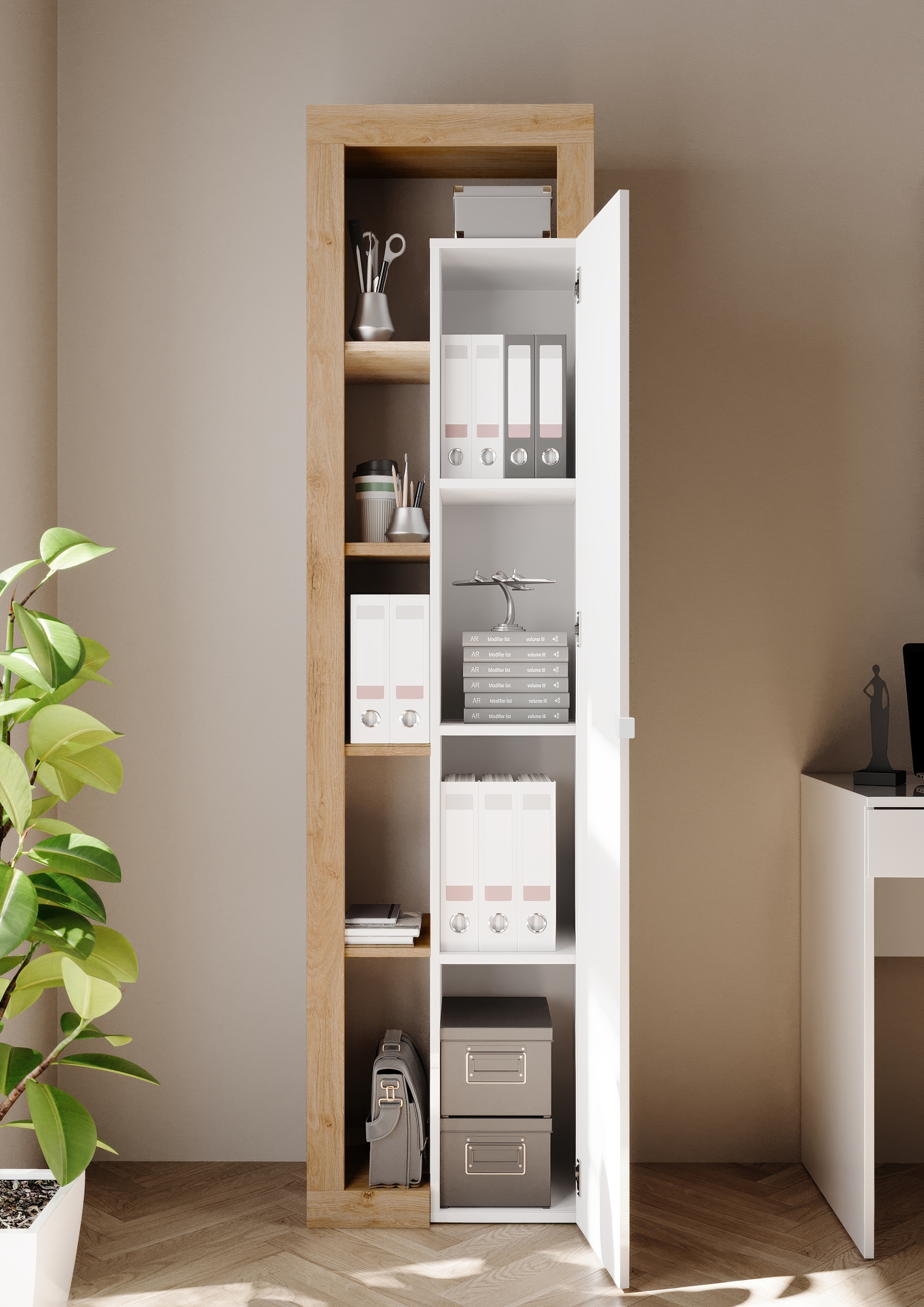 INOSIGN Aktenschrank »Hamburg Höhe 189 cm, Breite 50 cm, 1 Tür, offene Fächer, Büroschrank,«, Mehrzweckschrank, dekorativer Rahmen, Metallgriff, viel Stauraum