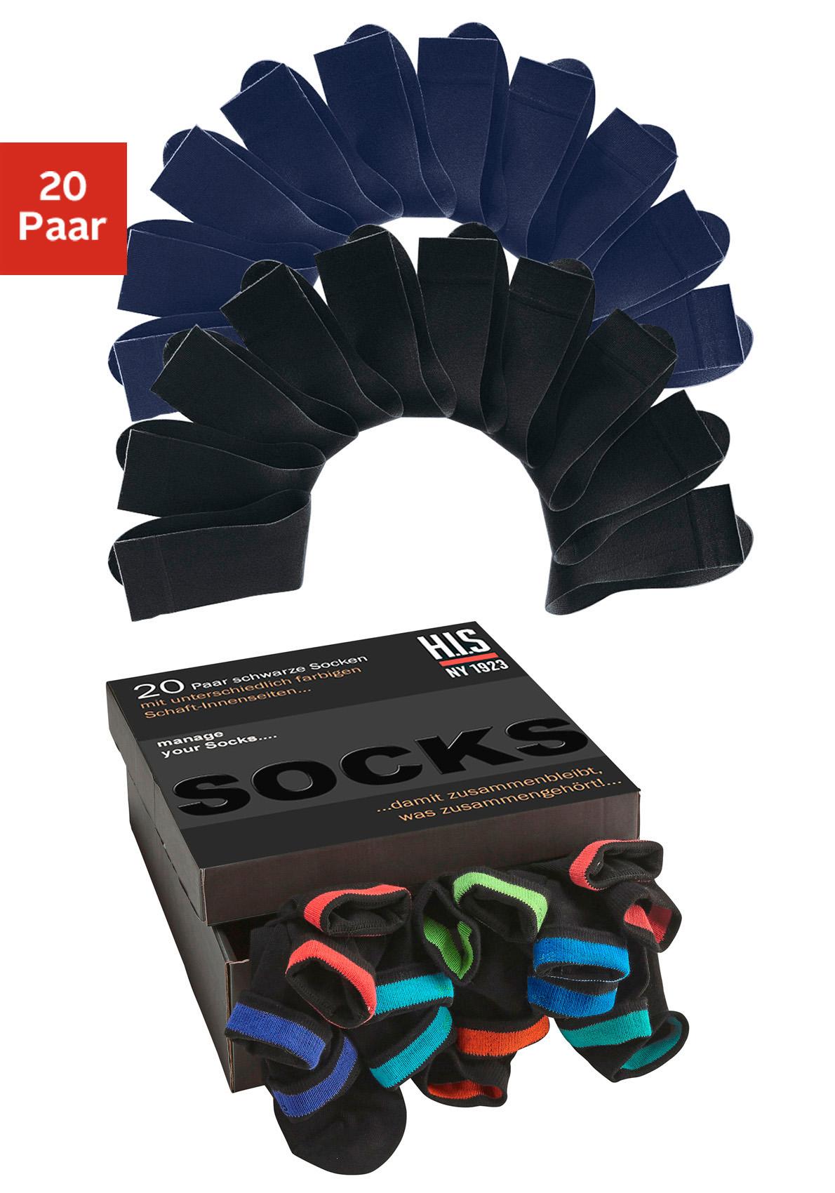 H.I.S Socken "für Damen und Herren, perfekt zu sortieren mit farbigem Innenbündchen." Box, 20 Stk. tlg. in praktischer Geschenkbox, für Beruf und Freizeit