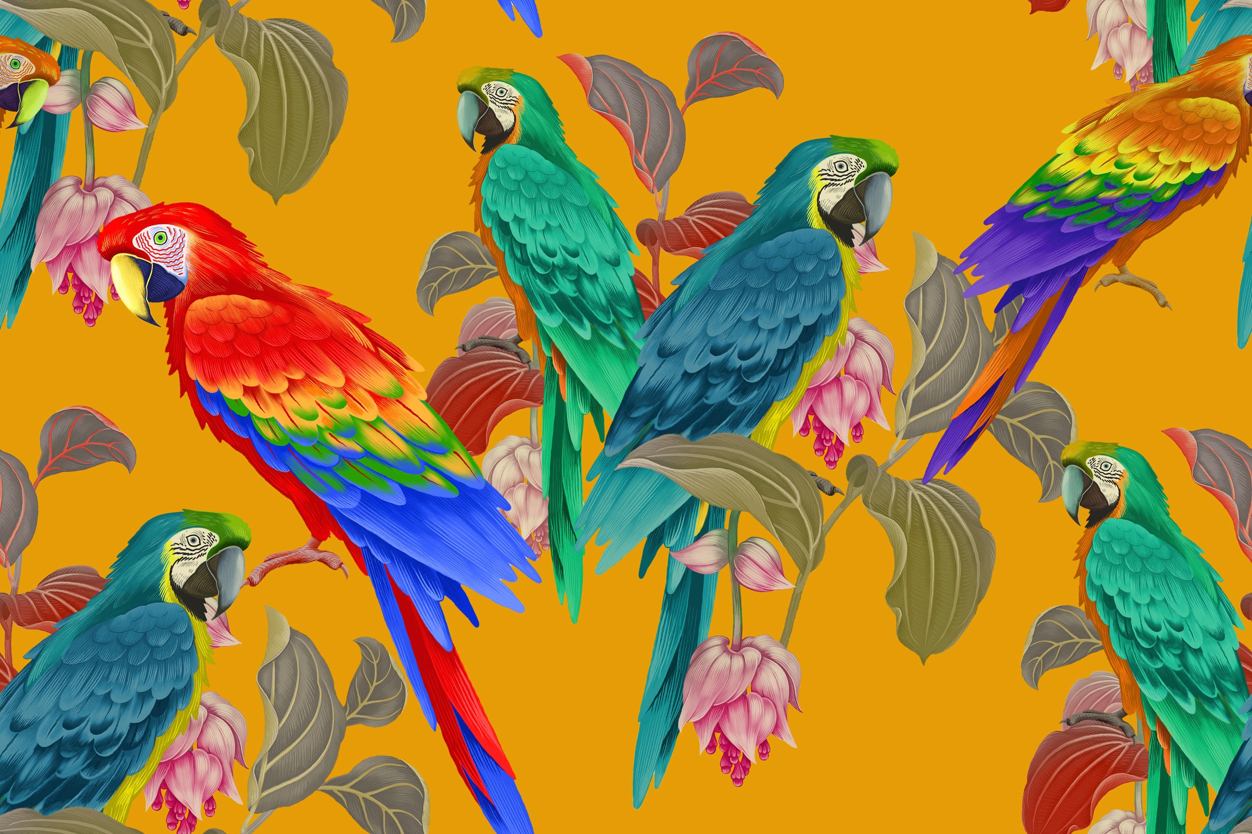 Papermoon Fototapete "BLUMEN ABSTRAKT-PAPGEIEN MUSTER DESIGN VOGEL BLUMEN"