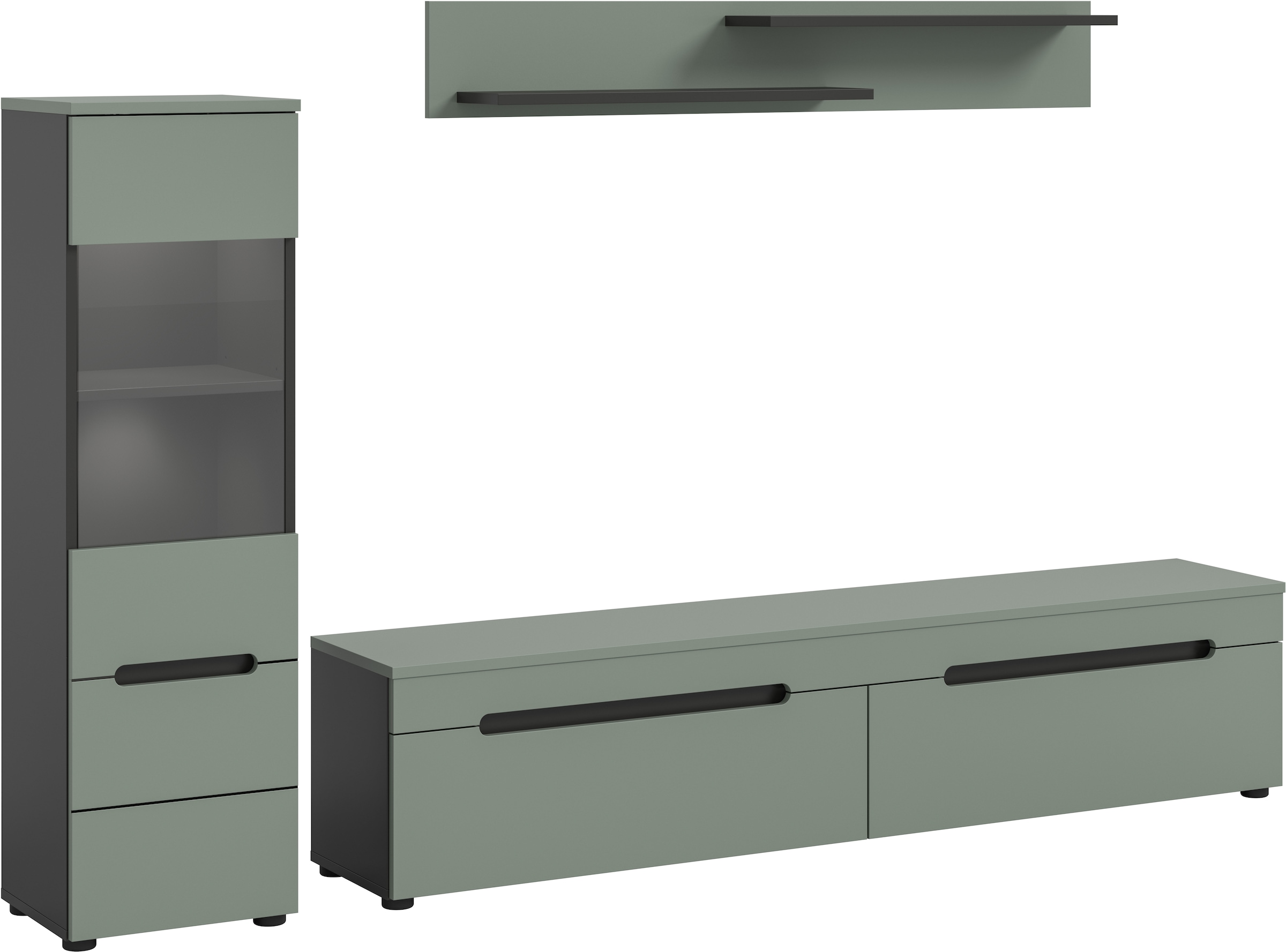 INOSIGN Wohnwand »REHAT, TOPSELLER!, 3-teilig, inkl. Beleuchtung, stehend oder hängend«, (3 St., Set bestehend aus: Vitrine inkl. Beleuchtung, Lowboard und Wandboard), Kombination, Anbauwand, Set, Wohn-Set, Wohnzimmer-Set, Schrankwand
