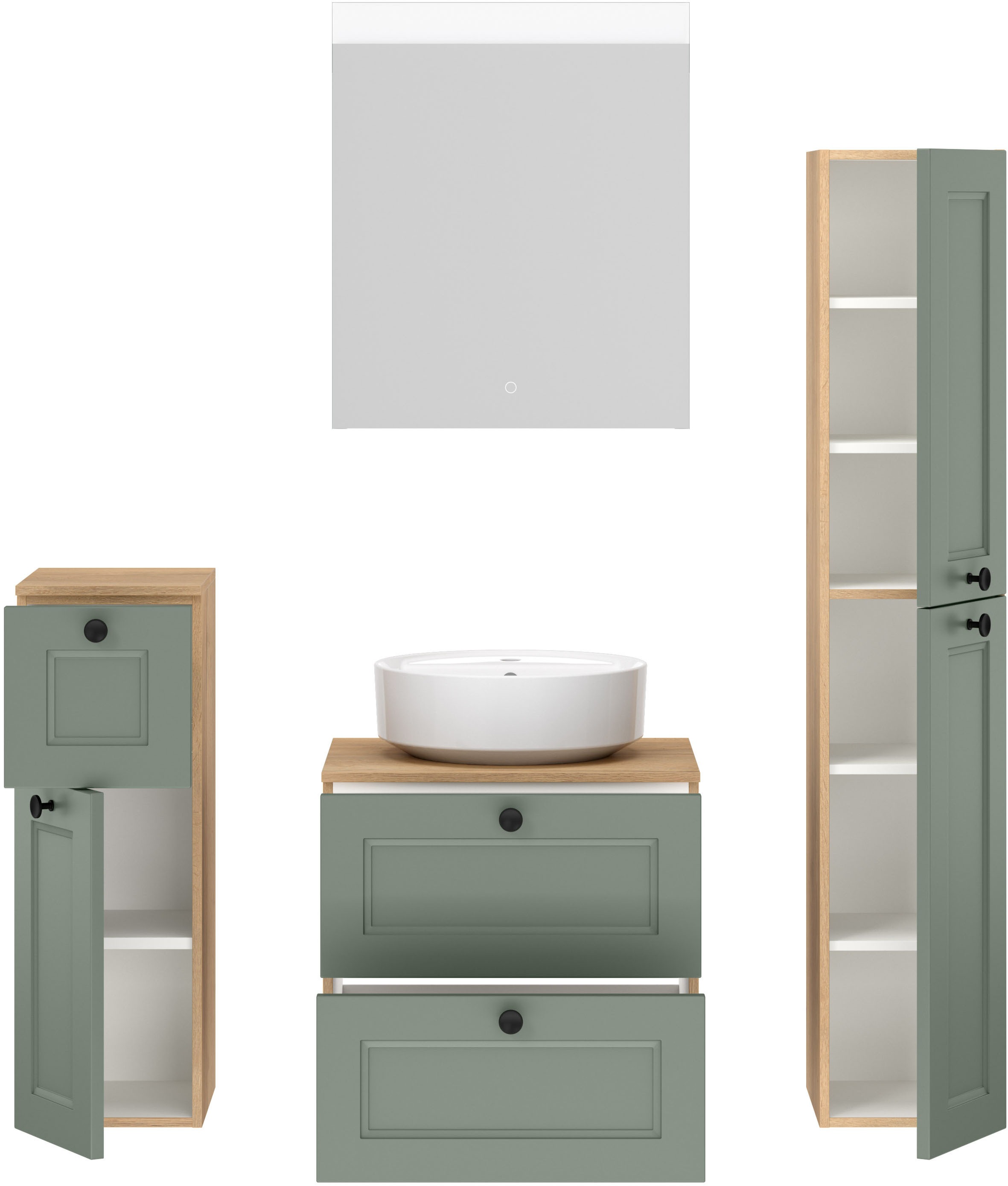 nobilia® Badmöbel-Set »Cascada« Set, inkl.  Aufsatzwaschbecken und beleuchtetem  Spiegel mit Touch-Sensor, 4 Stk. tlg.