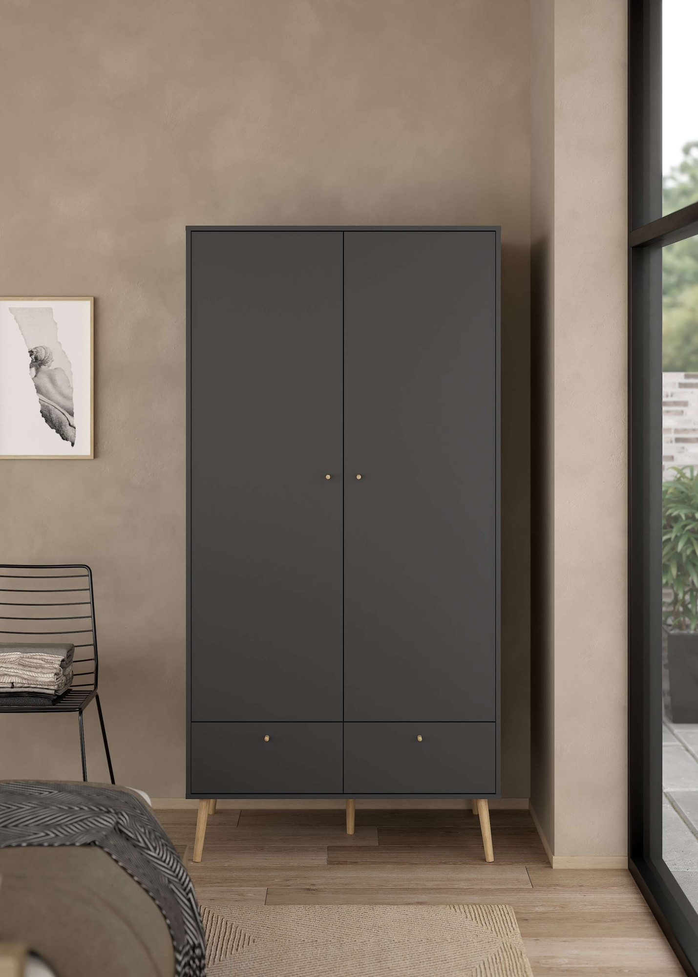 Home affaire Kleiderschrank "Bodo, Drehtürenschrank, Aufbewahrung Kasten Schrank Stauraum" 2 Türen, 2 Schubladen, Beine und Griffe Massivholz, Breite 99 cm