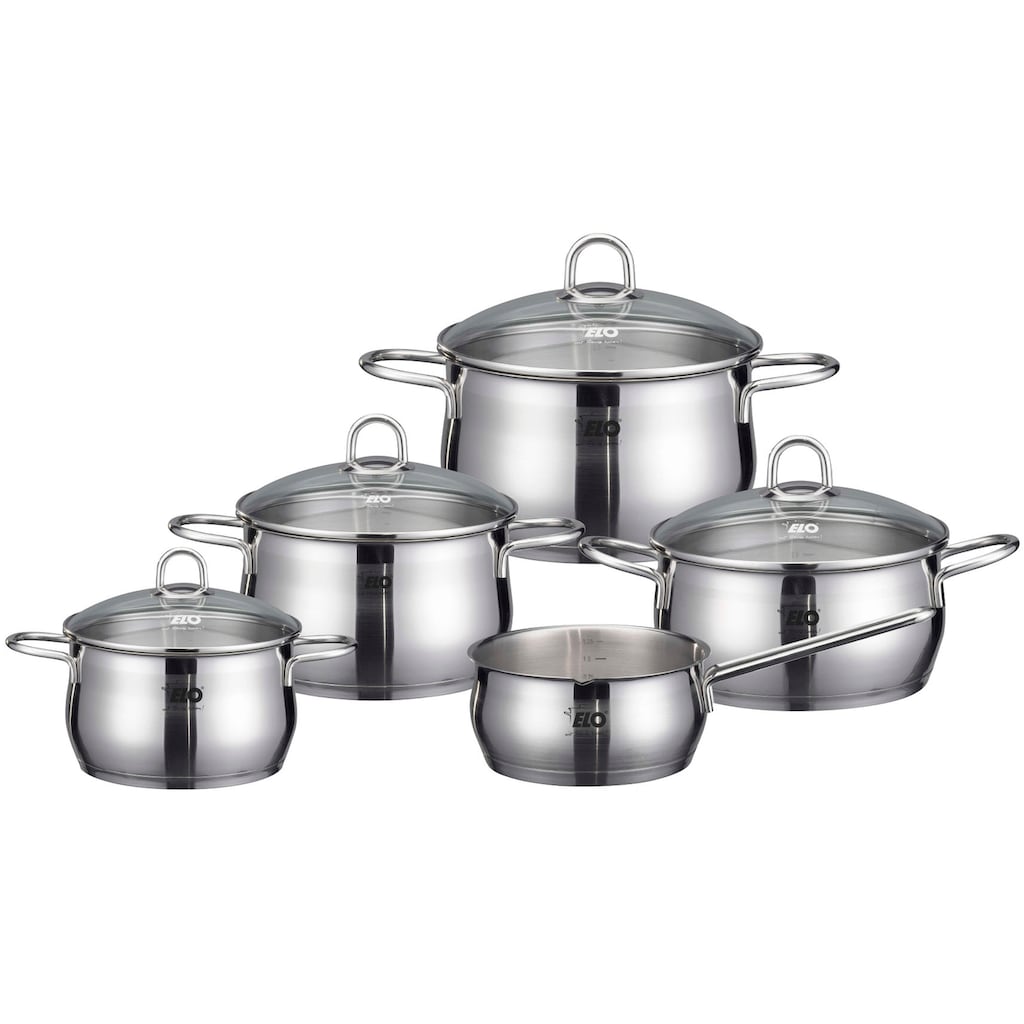 Elo Topf-Set »Platin«, Edelstahl 18/10, (Set, 9 tlg., 1 Bratentopf 20 cm, je 1 Fleischtopf 16/20/24 cm, 1 Kasserolle 16 cm)