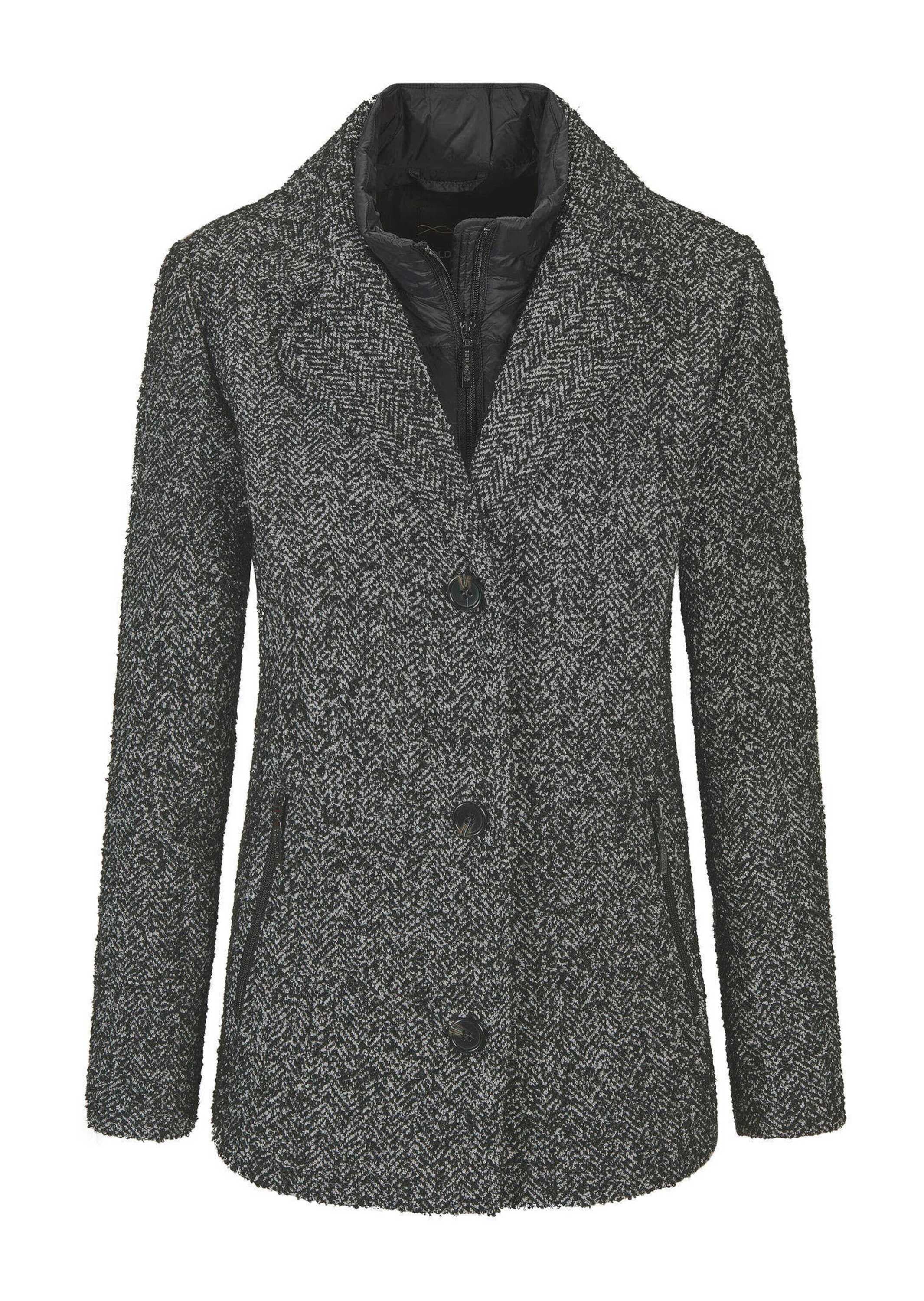 GOLDNER Damen Kurzjacke "Kurzgröße Jacke in 2-in-1-Optik mit Steppeinsatz", schwarz-weiß, Gr. 25, Obermaterial: 90% Polyester PES. 10% Wolle mw.,