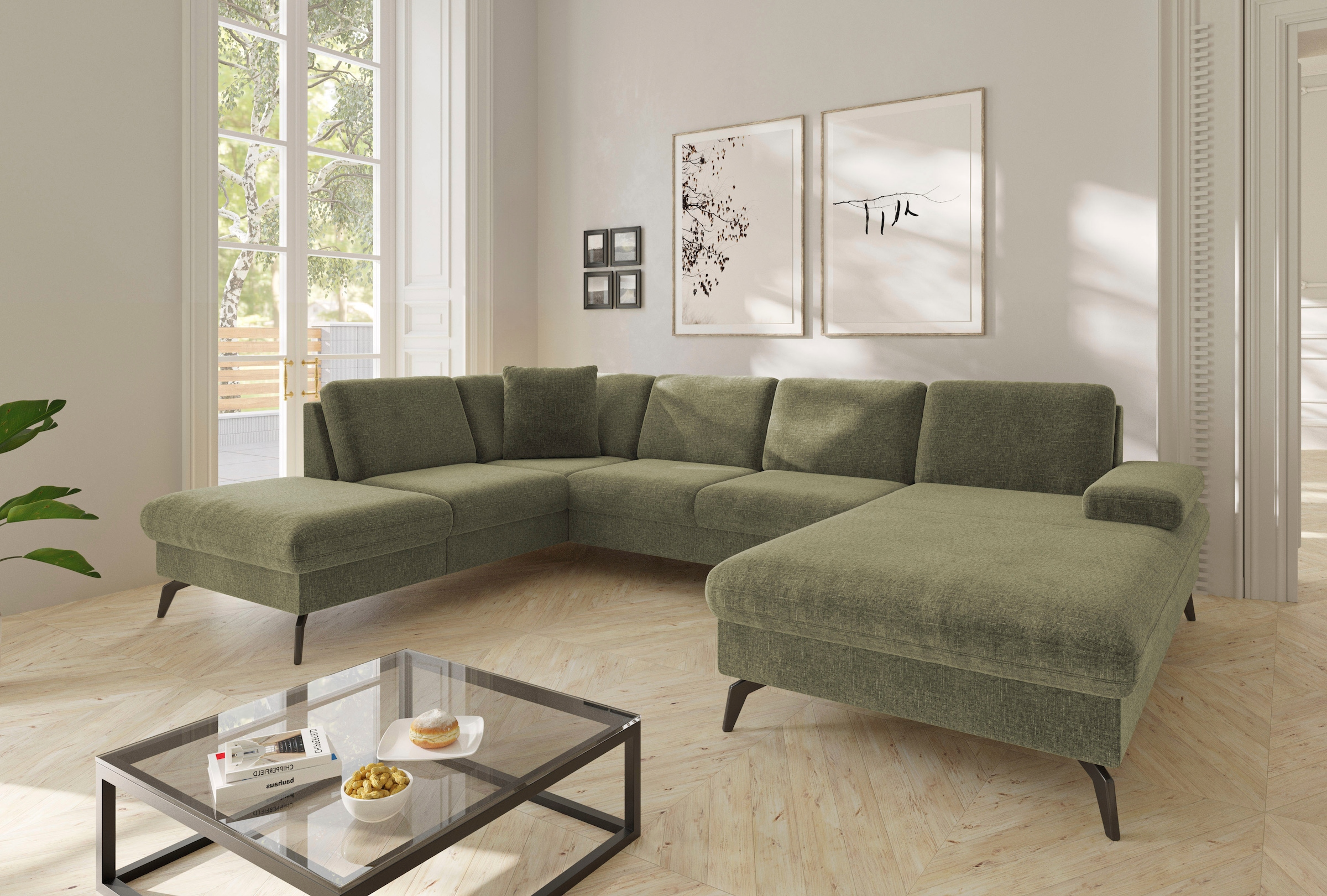 sit&more Wohnlandschaft "Morris Jubi U-Form, B: 300 cm, Armteilverstellung" optional mit Bettfunktion, 1 Zierkissen, komfortable Sitzhöhe 44 cm