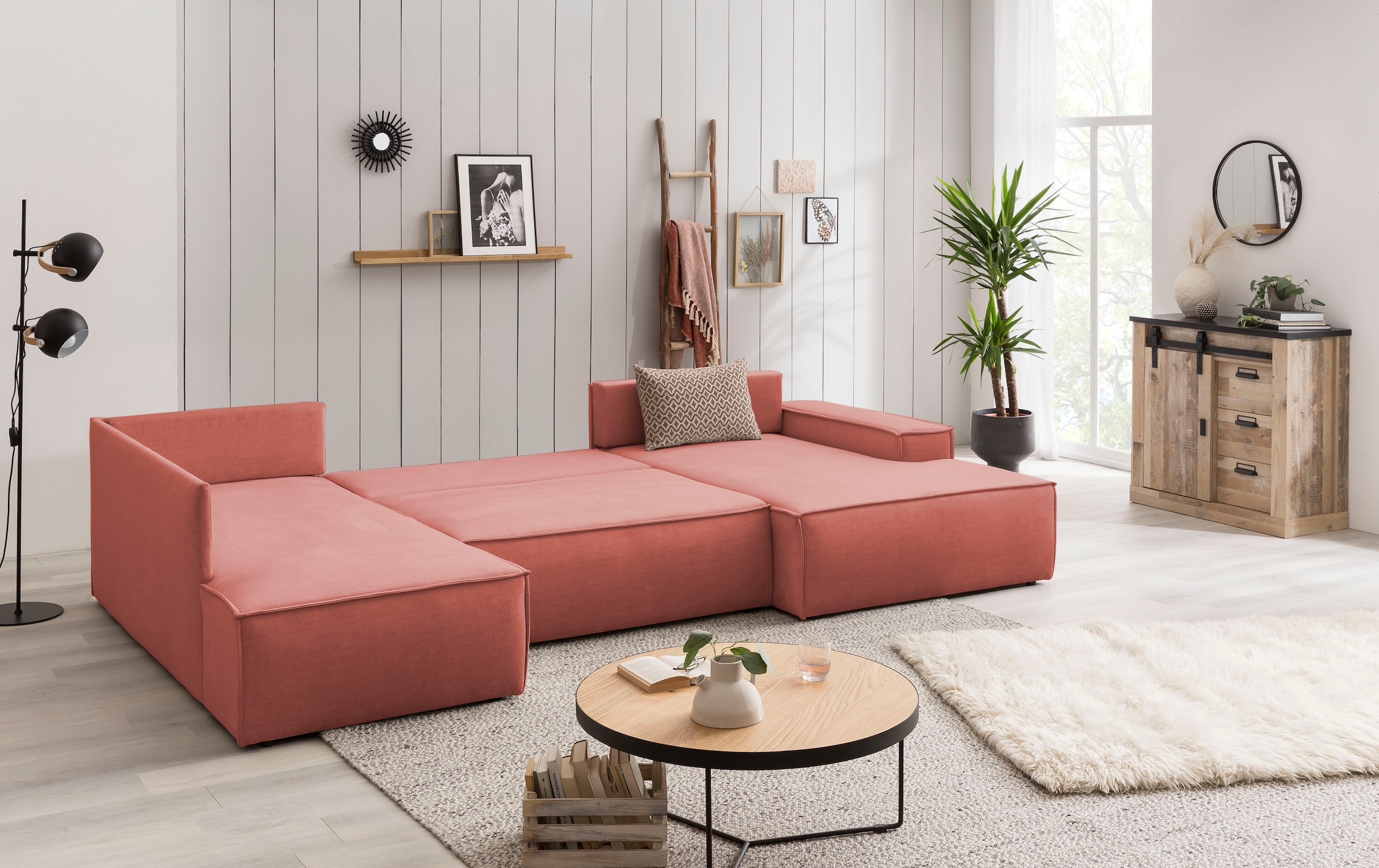 Home affaire Wohnlandschaft »SHERWOOD 329 cm, U-Form, Schlafsofa,«, Schlaffunktion m. Bettkasten (194x139 cm), Cord, Vintage, Samtvelours