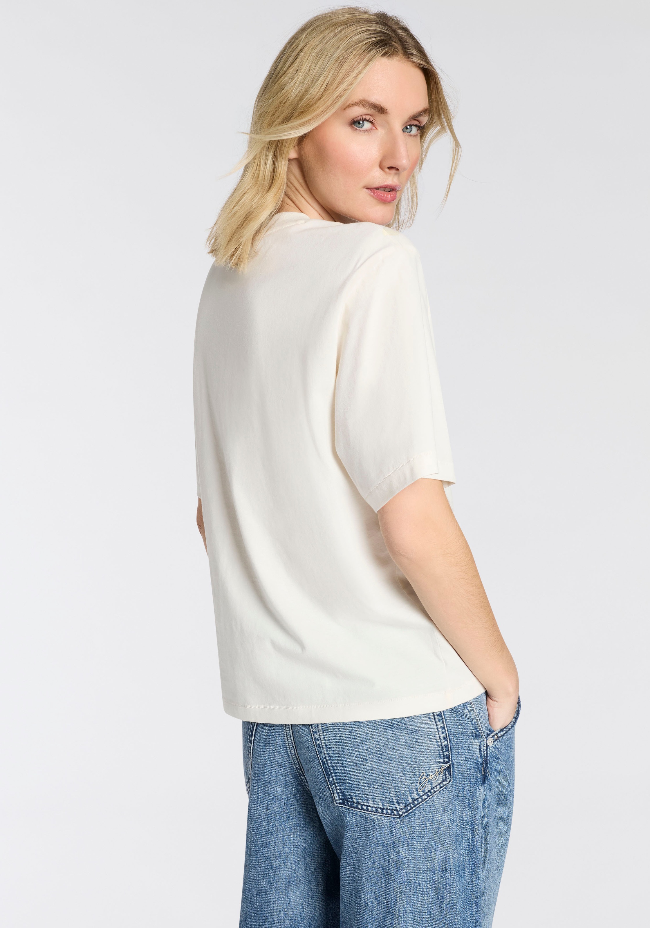 T-Shirt BOSS ORANGE "Eregular Premium Damenmode", Damen, Gr. S (36), open weiß 118, Single Jersey, Obermaterial: 100% Baumwolle, bedruckt, relaxed fit normal, Rundhals, Shirts T-Shirt, im Relaxed Fit 3