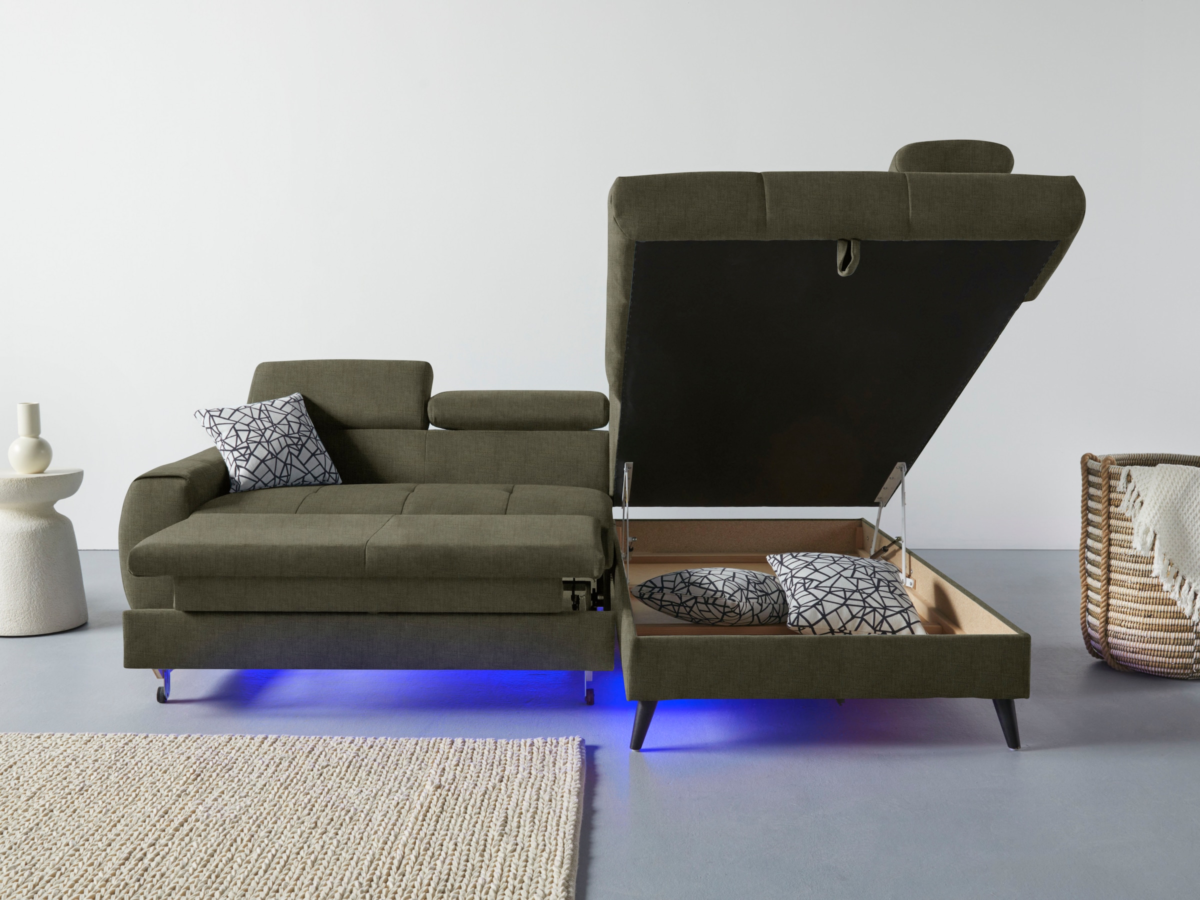 COTTA Ecksofa »Mia L-Form mit 3 Zierkissen«, wahlweise mit Bettfunktion, Bettkasten, Beleuchtung & Wireless-Charger