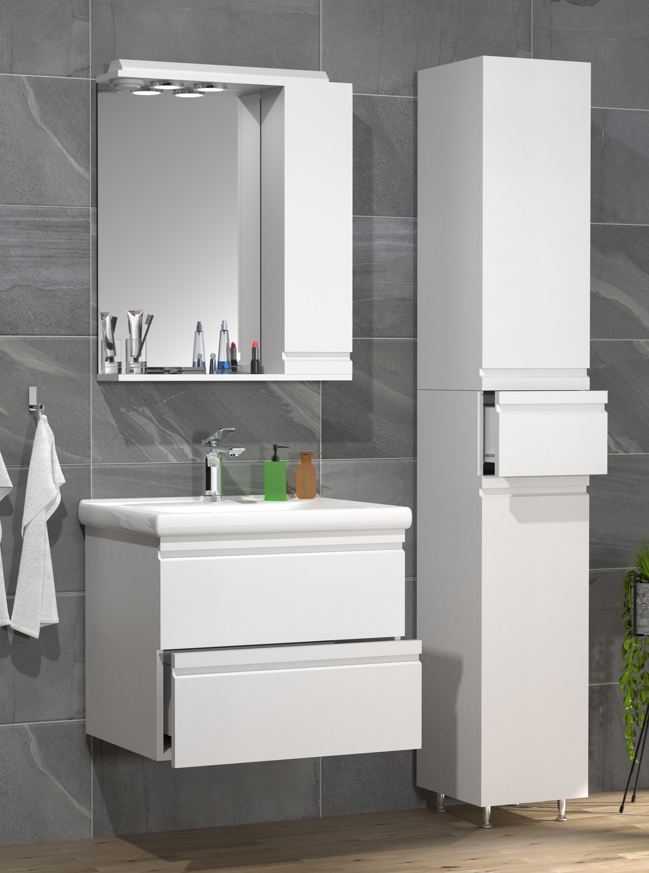 VCM Waschbeckenunterschrank »VCM 4-tlg. Waschplatz Waschtisch 60 cm Badmöbel Set Waschbecken grifflose Schublade Spiegelschrank Hochschrank Silora L«, (4 St.)