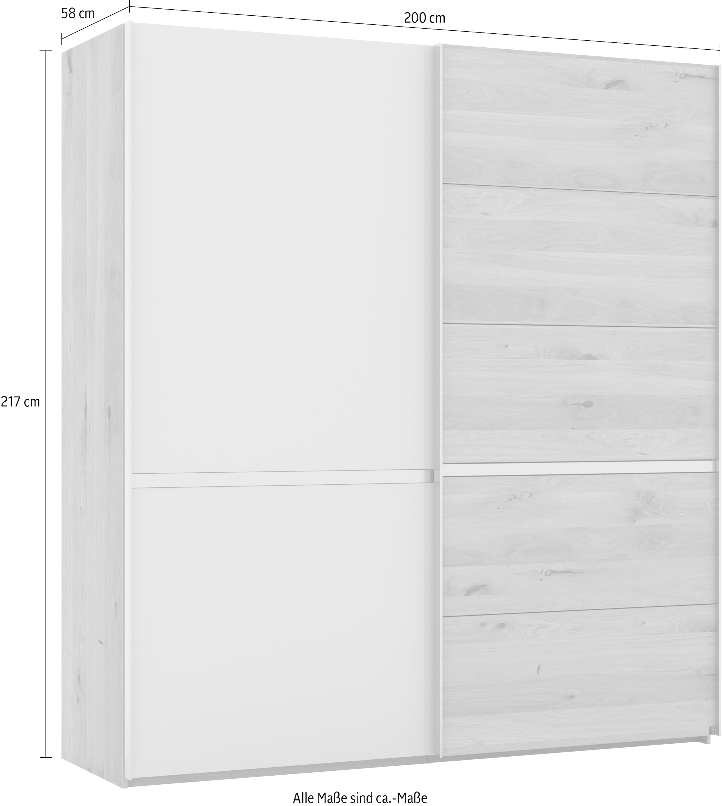 Musterring Schwebetürenschrank »Savona, Kleiderschrank, Schrank, Garderobe, mit Schiebetüren«, (Teilmassiv Bianco-Eiche, mit Spiegel oder Glas, MADE IN GERMANY), Türen Bianco-Eiche massiv, Spiegel-/Glastüren, eingelegte Chromleiste