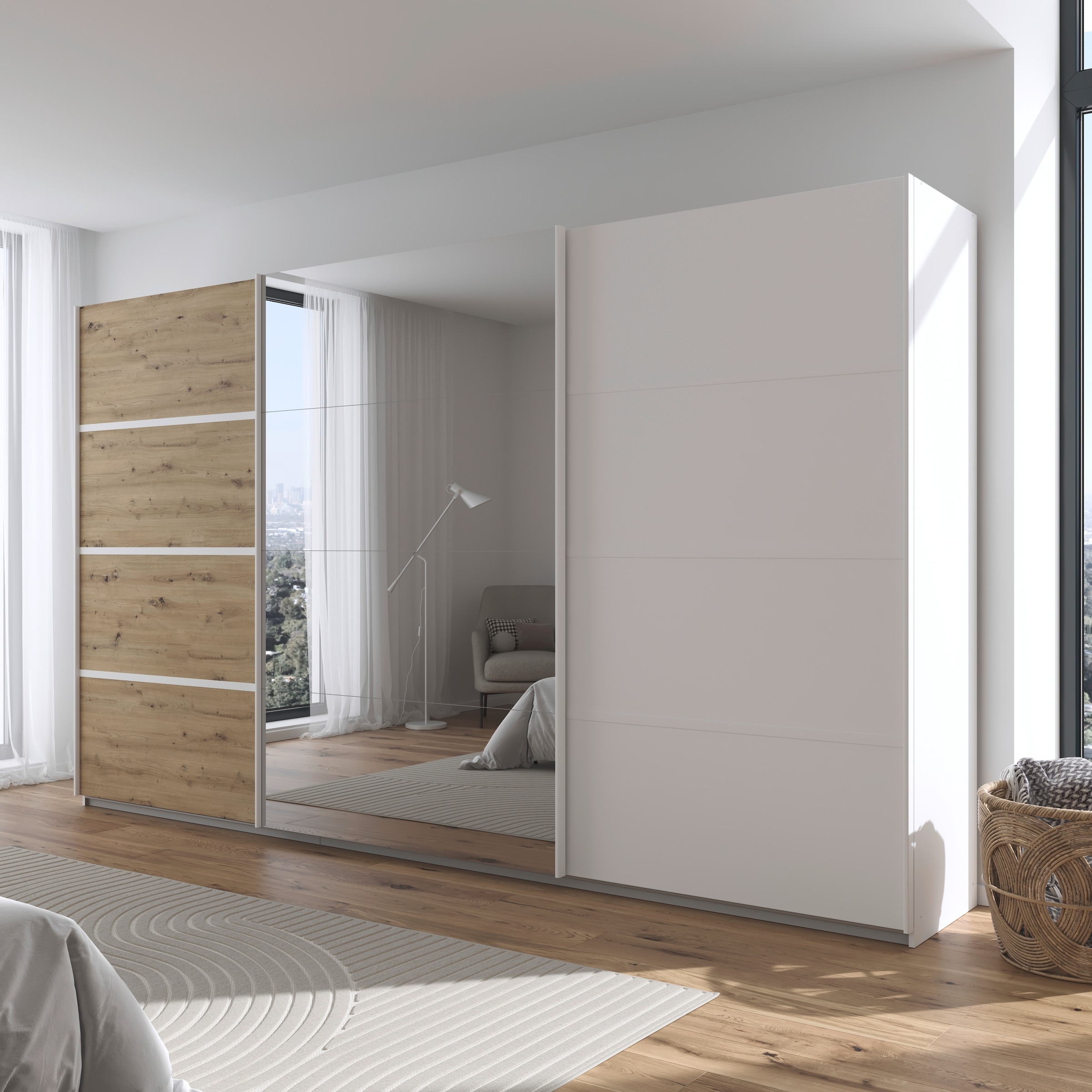 rauch Kleiderschrank »Schwebetürenschrank OTTO´s Choice Garderobe Schrank TOP ANGEBOT Avola«, (in 3 verschiedenen Ausstattungen BASIC/CLASSIC/PREMIUM inkl. Spiegel), mit eleganten Zierleisten in Chrom, Schwarz oder Weiß MADE IN GERMANY