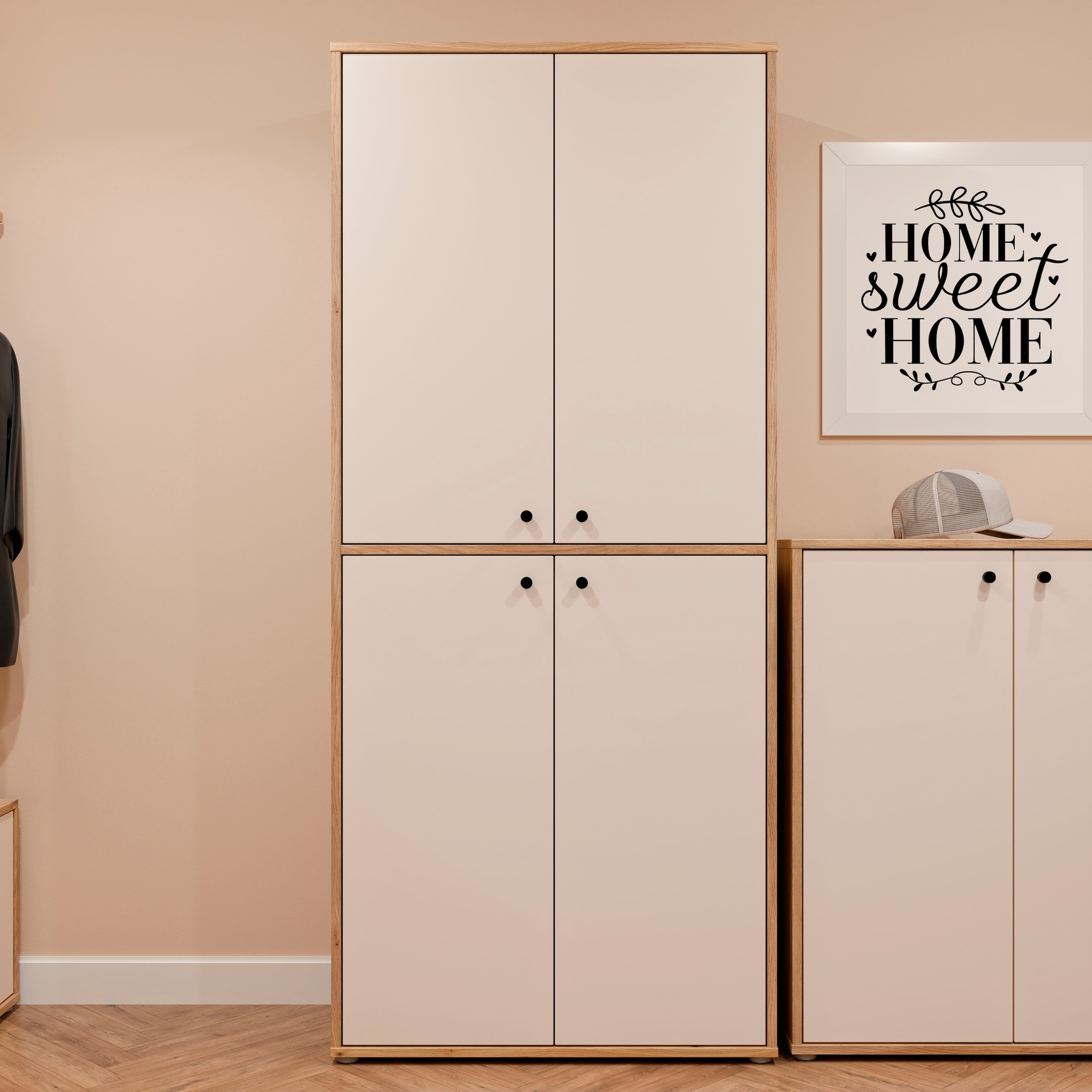 FORTE Schuhschrank Metallgriffe Schwarz, Soft Close, Vollauszug