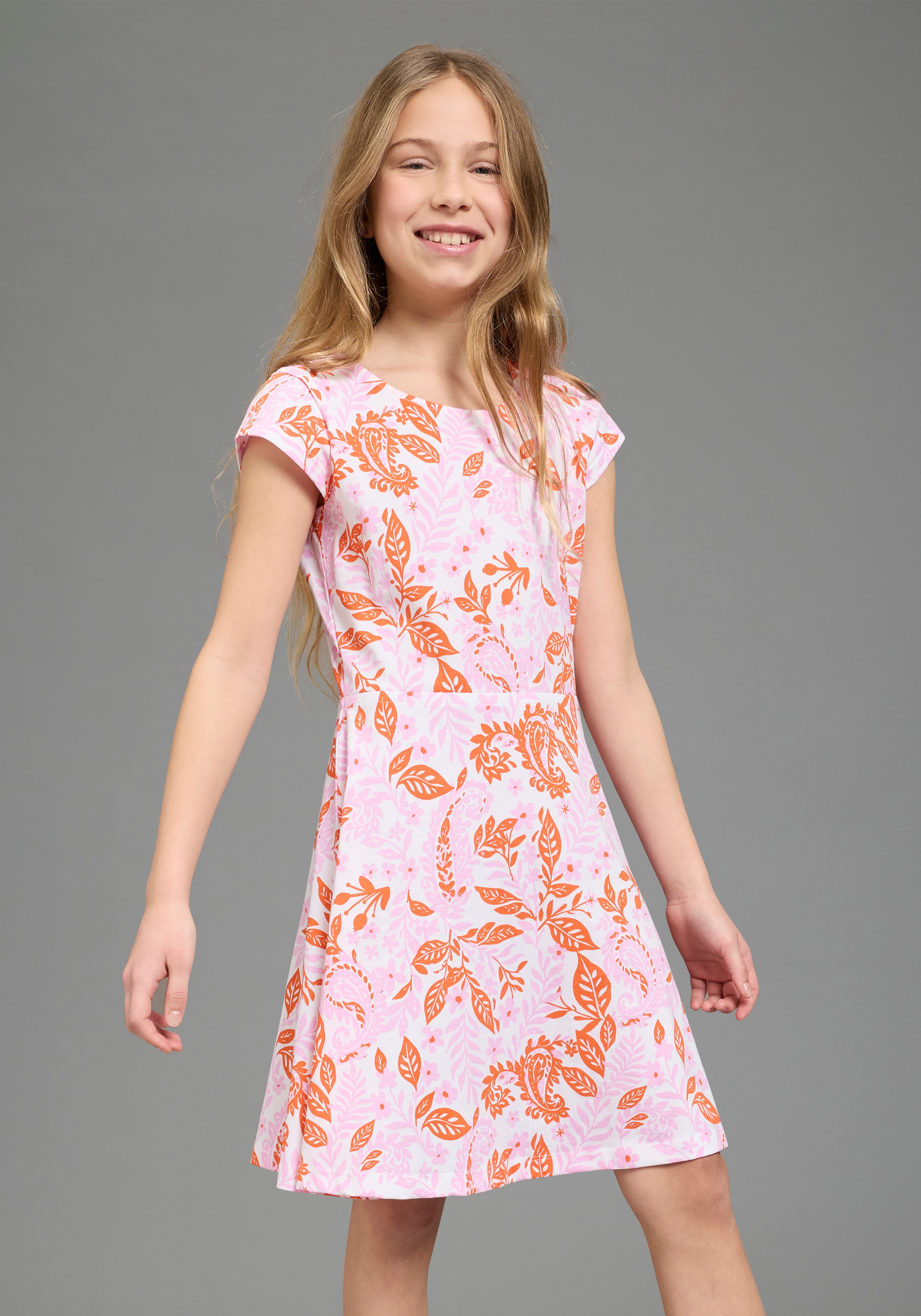 KIDSWORLD Jerseykleid "Kleid mit Paisley-Allover Muster" modischer Stil, für Mädchen, aus Single Jersey, Kurzarm