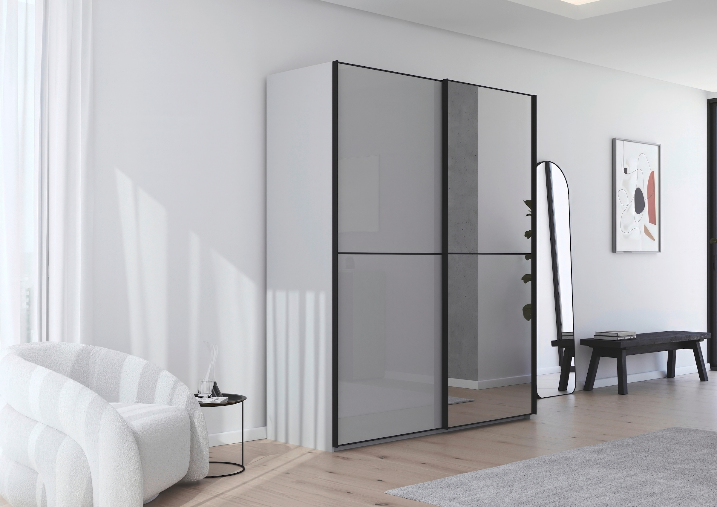 rauch Schwebetürenschrank »Kleiderschrank Schrank Garderobe Schlafzimmerschrank SCALE-DUO« edle zweigeteilte Türen Spiegel/Glas-Mix 3 Zierleisten MADE IN GERMANY