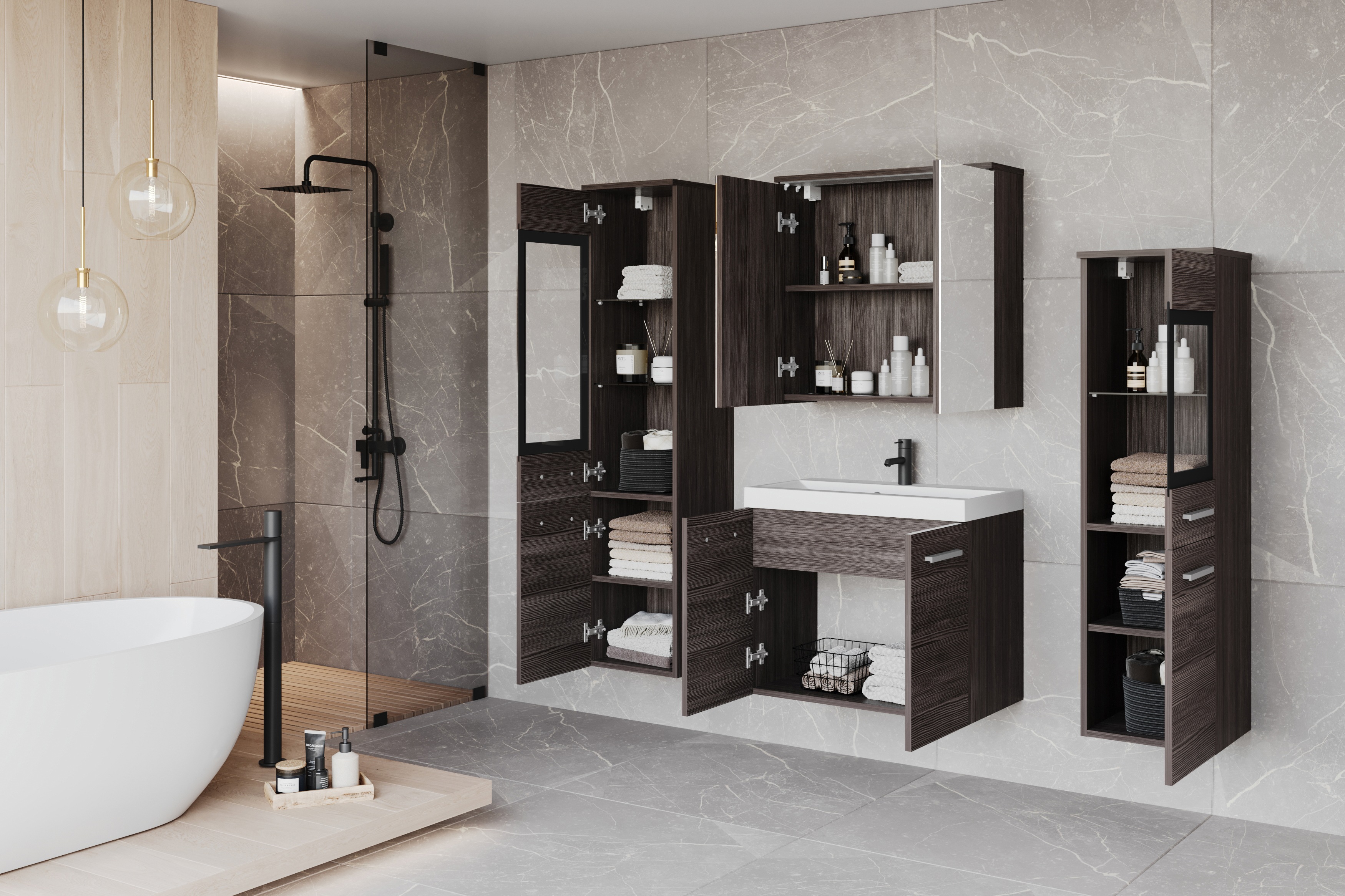 Thumbnail - welltime Badmöbel-Set "MADRIT II, Schrank mit Waschbecken, 2 Hänger, Spiegelschrank" Komplett-Set, 5 Stk. tlg.