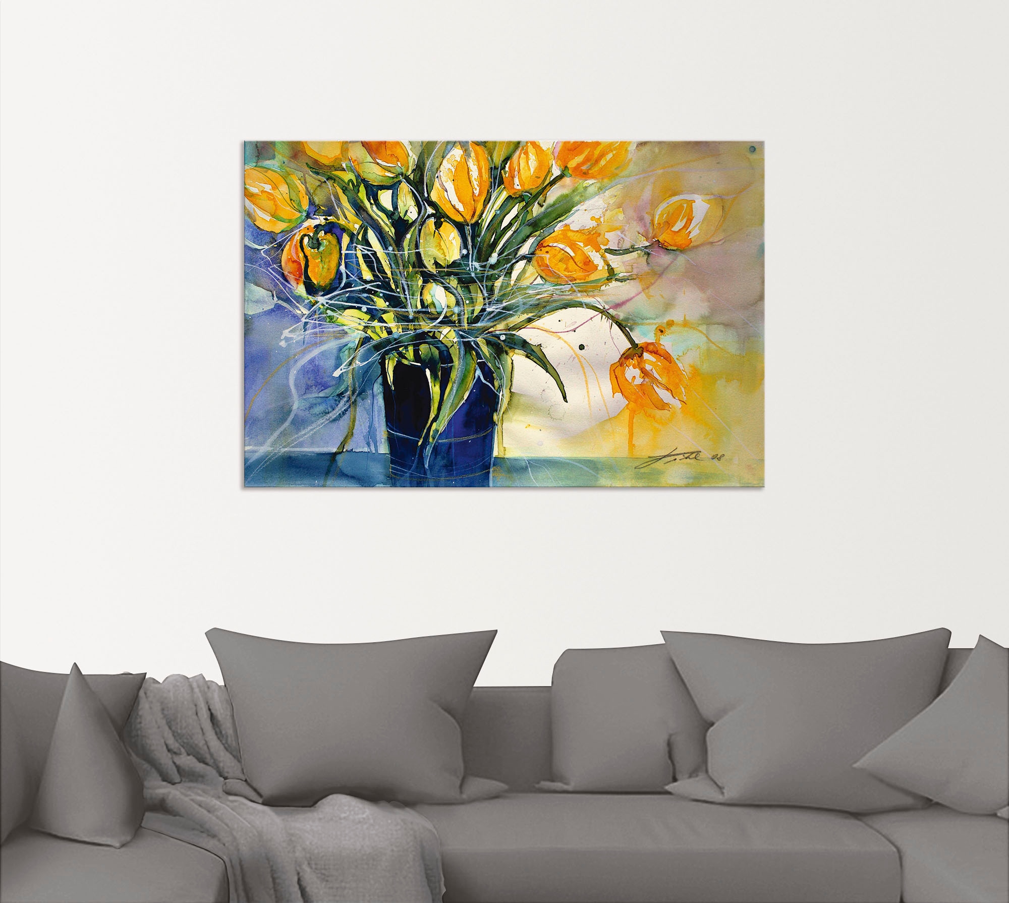 Artland Leinwandbild »Gelbe Tulpen in schwarzer Vase«, Arrangements, (1 St.), auf Keilrahmen gespannt