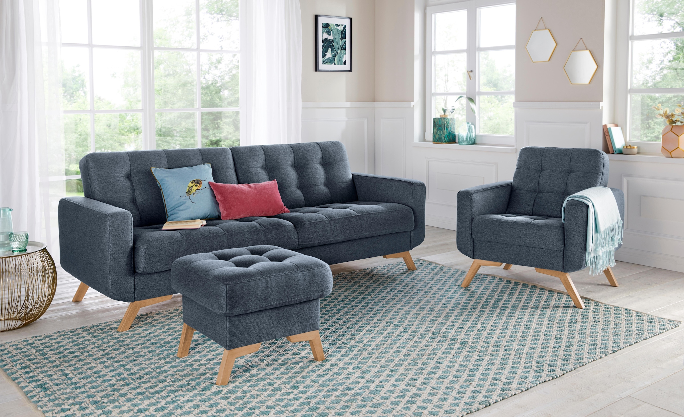 exxpo - sofa fashion 3-Sitzer »Fiord, aktuelles Design, tolle Detailverarbeitung im Sitz und Rücken« bequem, wahlweise Kippcouch mit Bettfunktion und Bettkasten, Holzfuß