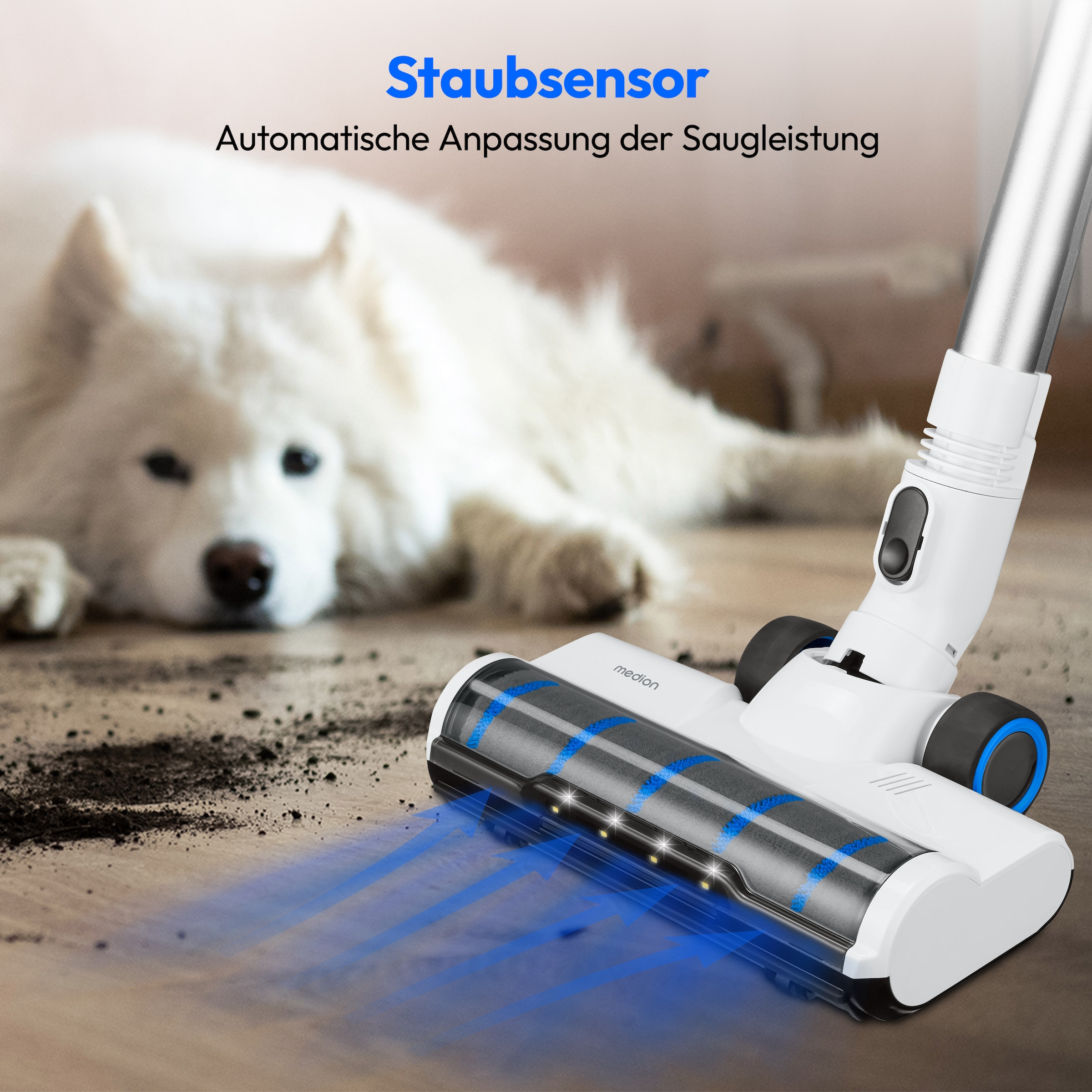 Medion® Akku-Stielstaubsauger »P400 W+ (MD 11860), elektrischer Wischaufsatz, 26 kPa Saugleistung«, LED-Touch-Display, Staubsensor, Wechselakku, integriertes Zubehör